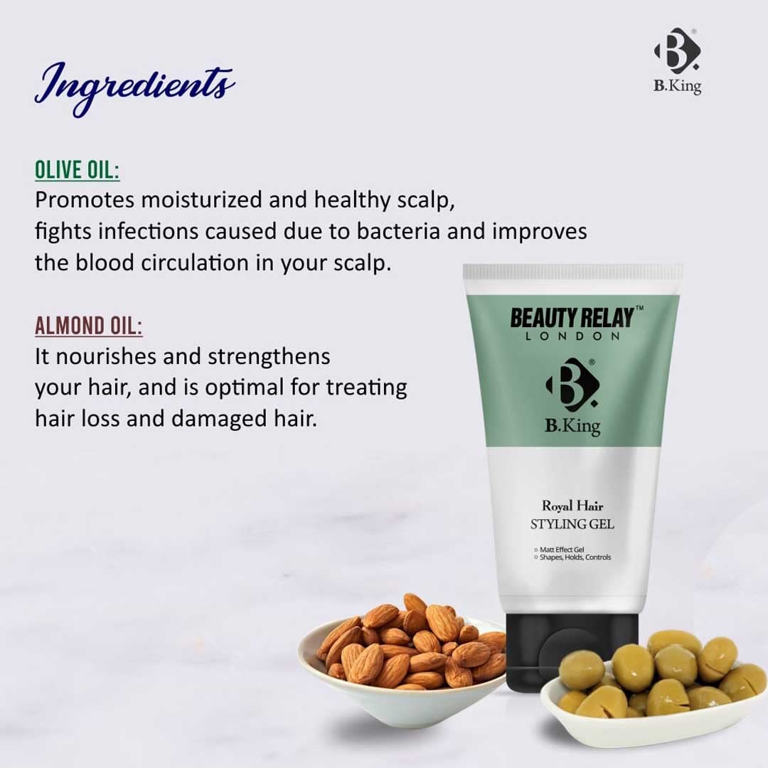 B.King Men's Hair Styling Gel with Redensyl, Vitamin E, Olive & Almond Oil - Lightweight, Flexible Hold for All Hair Types - 60g Pack - Perfect for Daily Styling, Special Occasions & Professional Looks