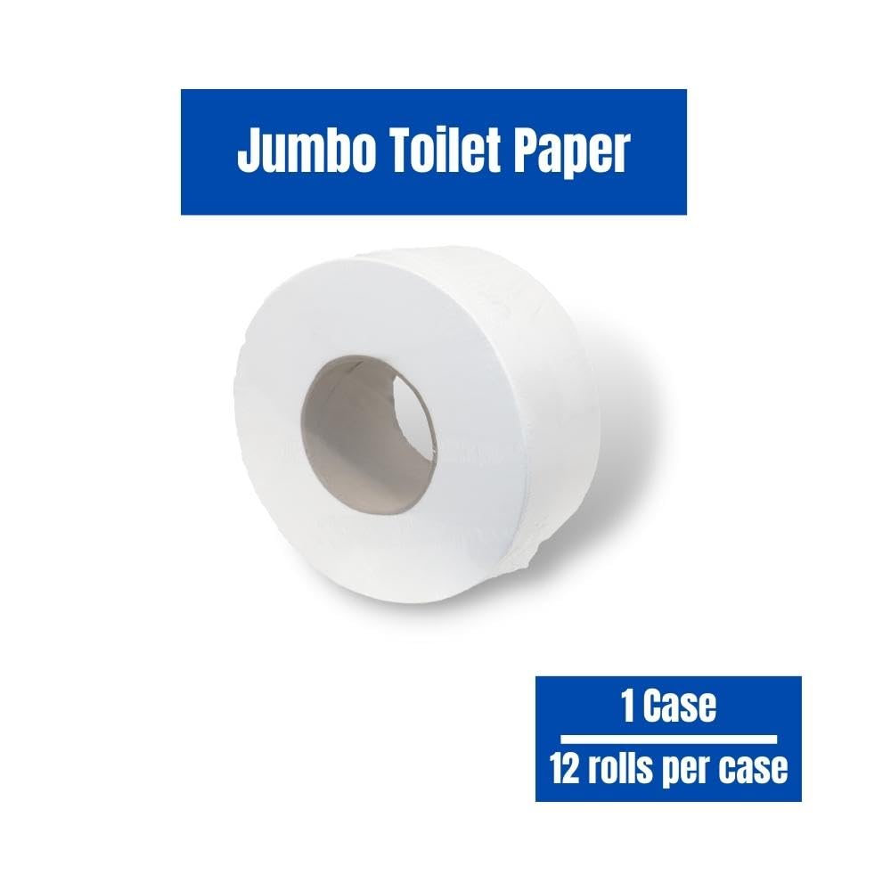Jumbo Commercial Toilet Paper Rolls - 12 Large Industrial Rolls (550 Feet Each) for Universal Dispensers | White Bulk Bathroom Tissue for Offices, Restaurants & Public Restrooms