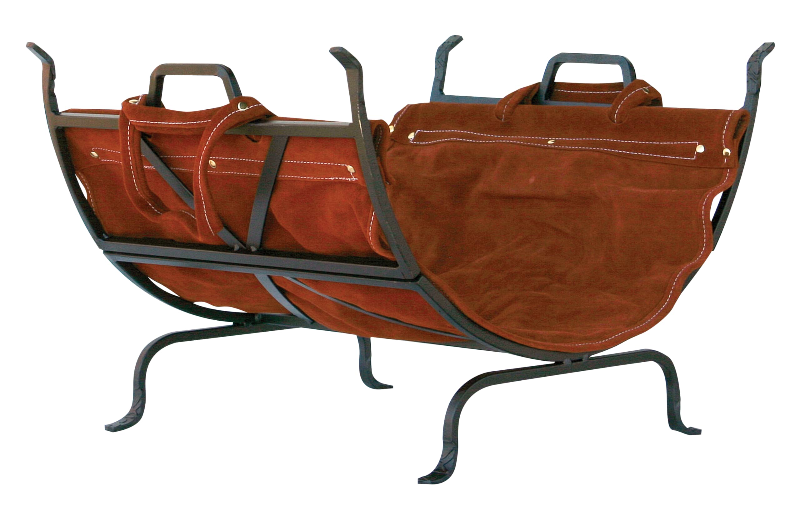 Uniflane Olde World Iron Firewood Log Holder with Suede Leather Carrier - Rustic Fireplace Accessory for Indoor/Outdoor Use - Perfect for Firewood Storage by Fireplace, Patio or Camping