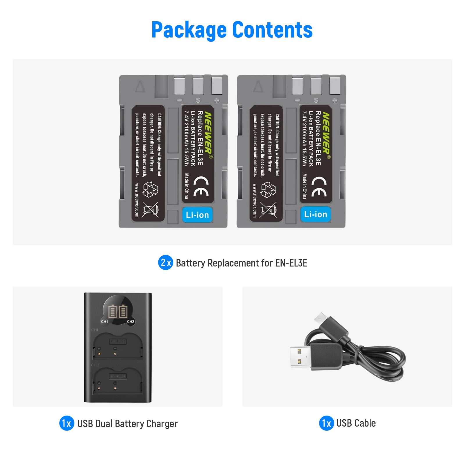 NEEWER 2 Pack EN-EL3E Replacement Battery Charger Set for Nikon D50 D70 D100 D200 Digital Cameras - Perfect for Travel & Professional Photography