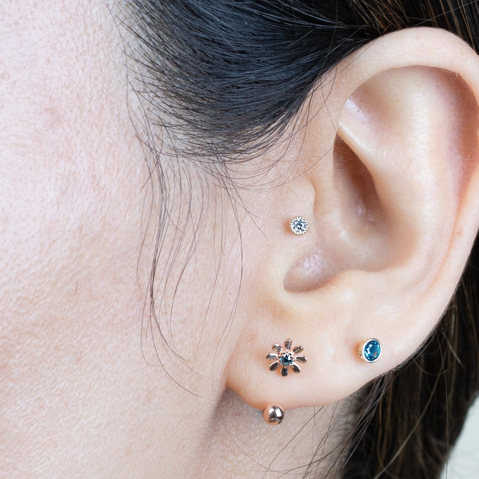 14K White Gold Round Blue Topaz Stud Earrings - Flat Back Bezel Set for Everyday Wear & Special Occasions