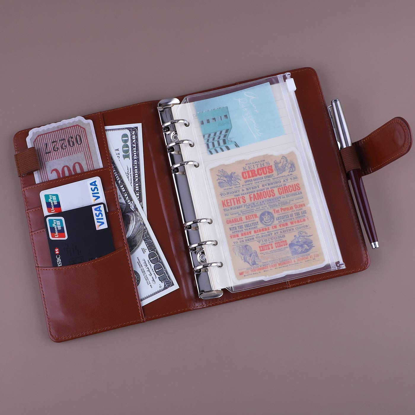 Antner A6 PU Leather Notebook Binder (Brown) - 3 Pack A6 Refill Paper, 2 Pack 160pcs Neon Page Markers, 10pcs Binder Dividers, 3pcs Binder Pockets - Perfect for School, Office & Planner Organization