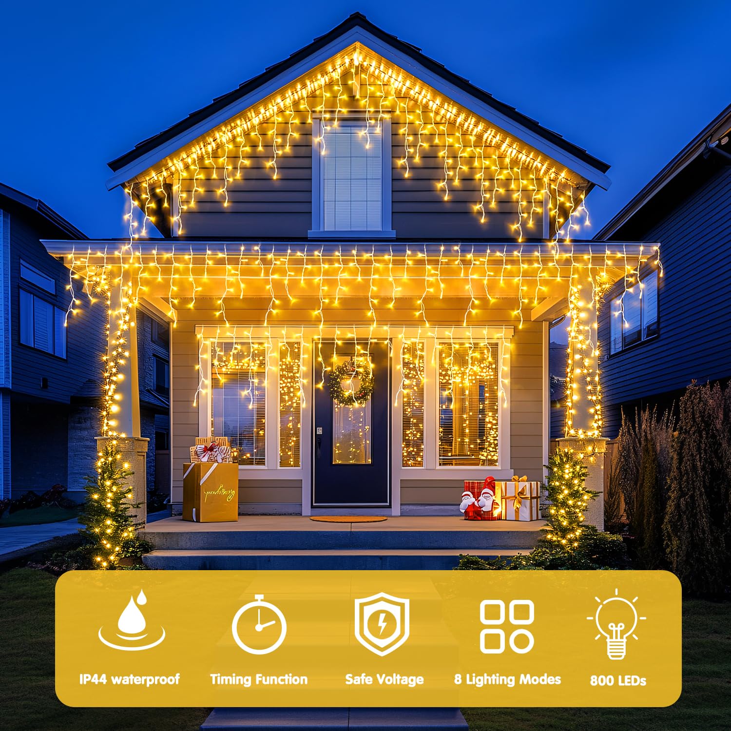 JMEXSUSS 800 LED Icicle Christmas Lights Outdoor Waterproof - Warm White Holiday Lights for House, Party, Wedding & Christmas Decorations - Perfect for Roof, Windows, Trees and Outdoor Holiday Displays