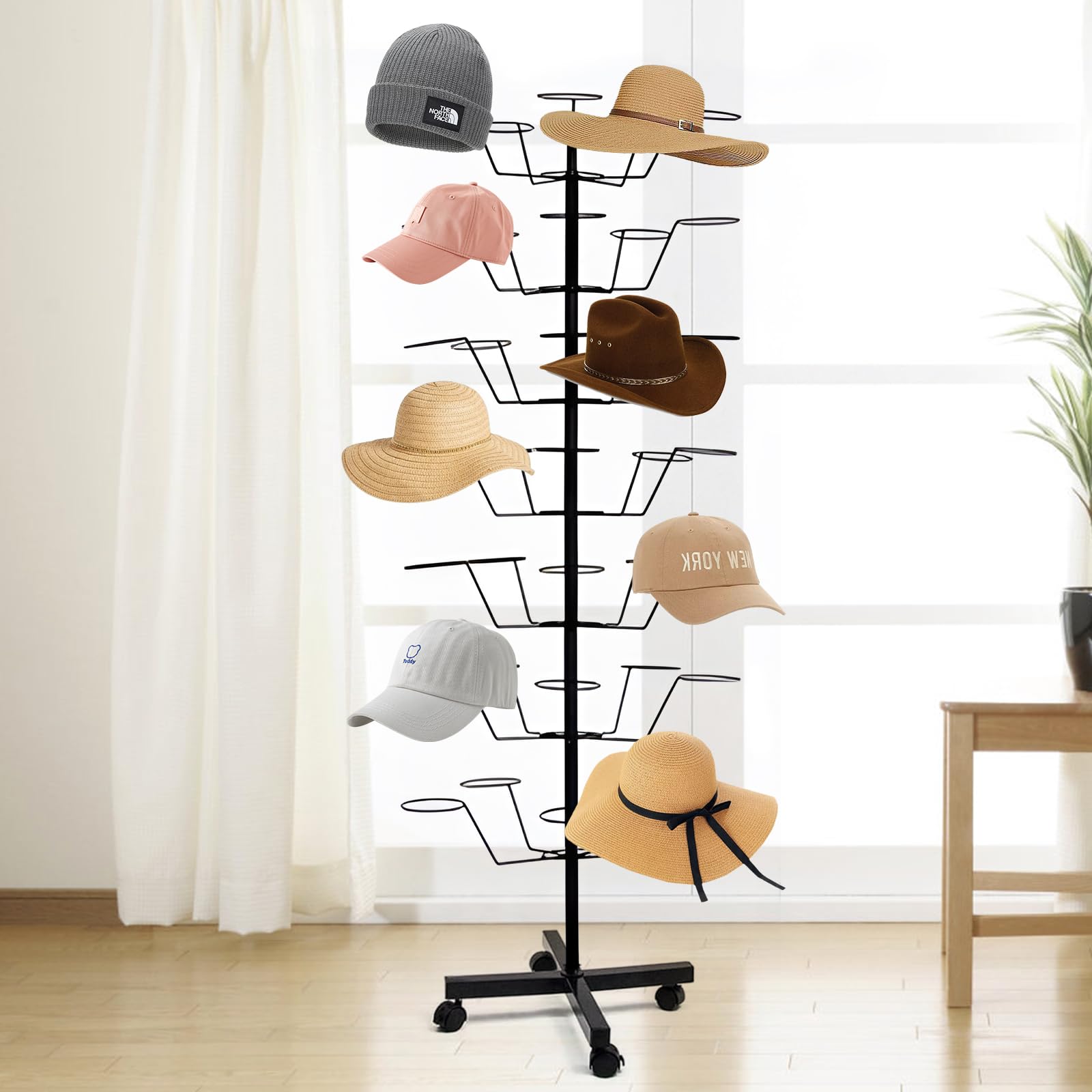 7-Tier Rotating Free Standing Hat Rack Stand with 35 Hooks - Metal Wig Organizer for Multiple Wigs & Baseball Caps - Space Saving Closet Storage Solution for Bedroom, Dressing Room or Retail Store Display