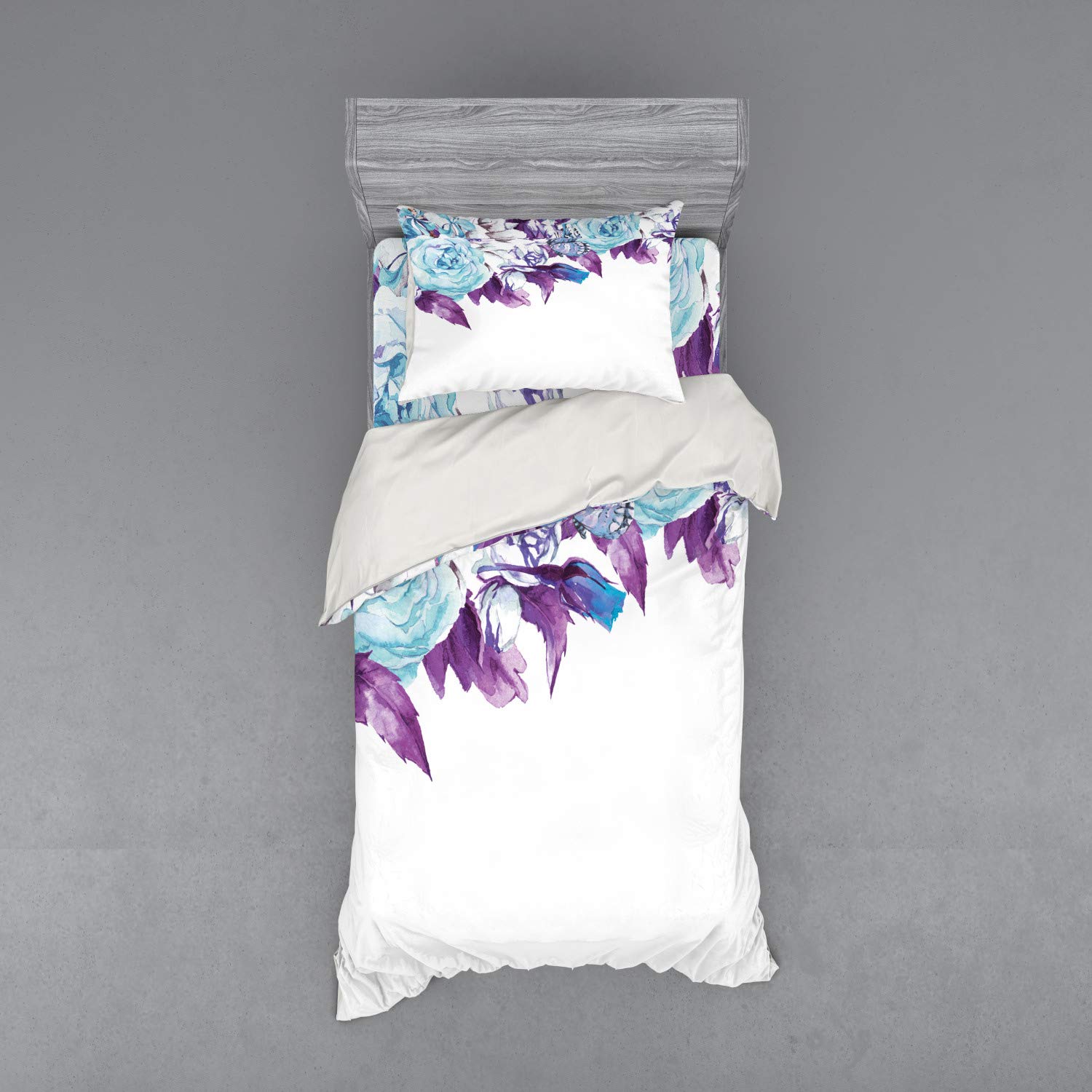 Ambesonne Floral Bedding Set - Vintage Classic Flower Petals Design, 3-Piece Duvet Cover Set with Sham & Fitted Sheet, Twin Size, Pale Blue Purple | Perfect for Bridal Wedding, Romantic Bedroom Decor & Shabby Chic Home Styling