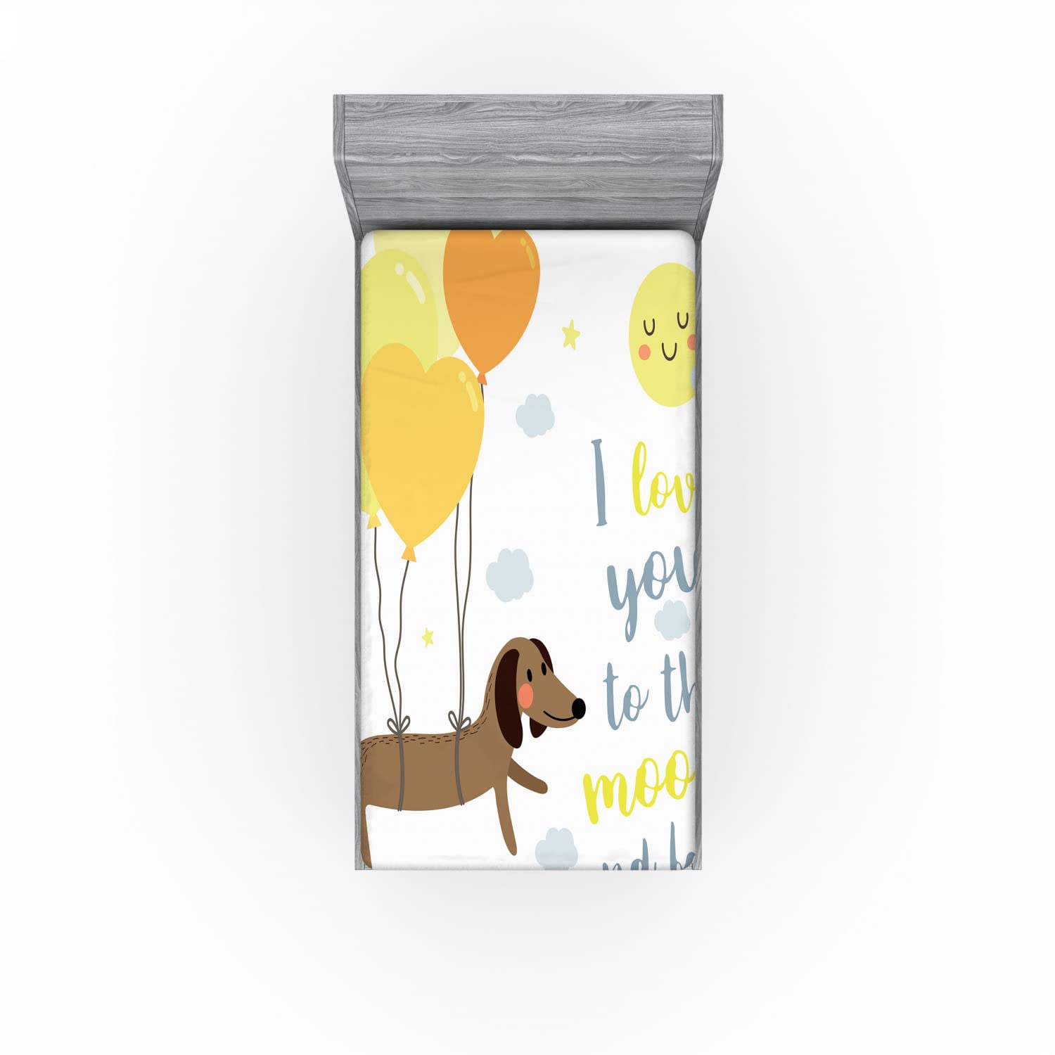 Ambesonne Dog Balloons Fitted Sheet, Twin Size - Blue Grey Yellow Cocoa for Cozy Bed Comfort