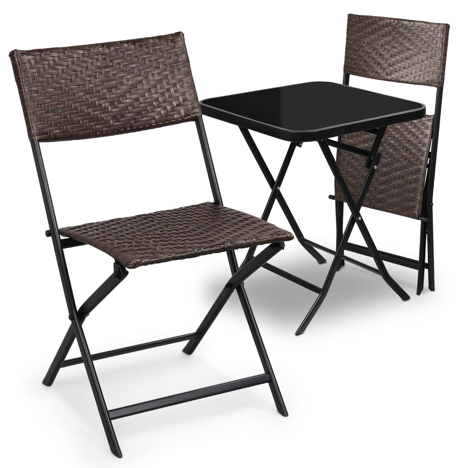 MoNiBloom 3-Piece Outdoor Bistro Set - 2 Foldable Rattan Chairs & Round Glass Top Table - Patio, Garden, Backyard Furniture for Relaxing & Dining Al Fresco
