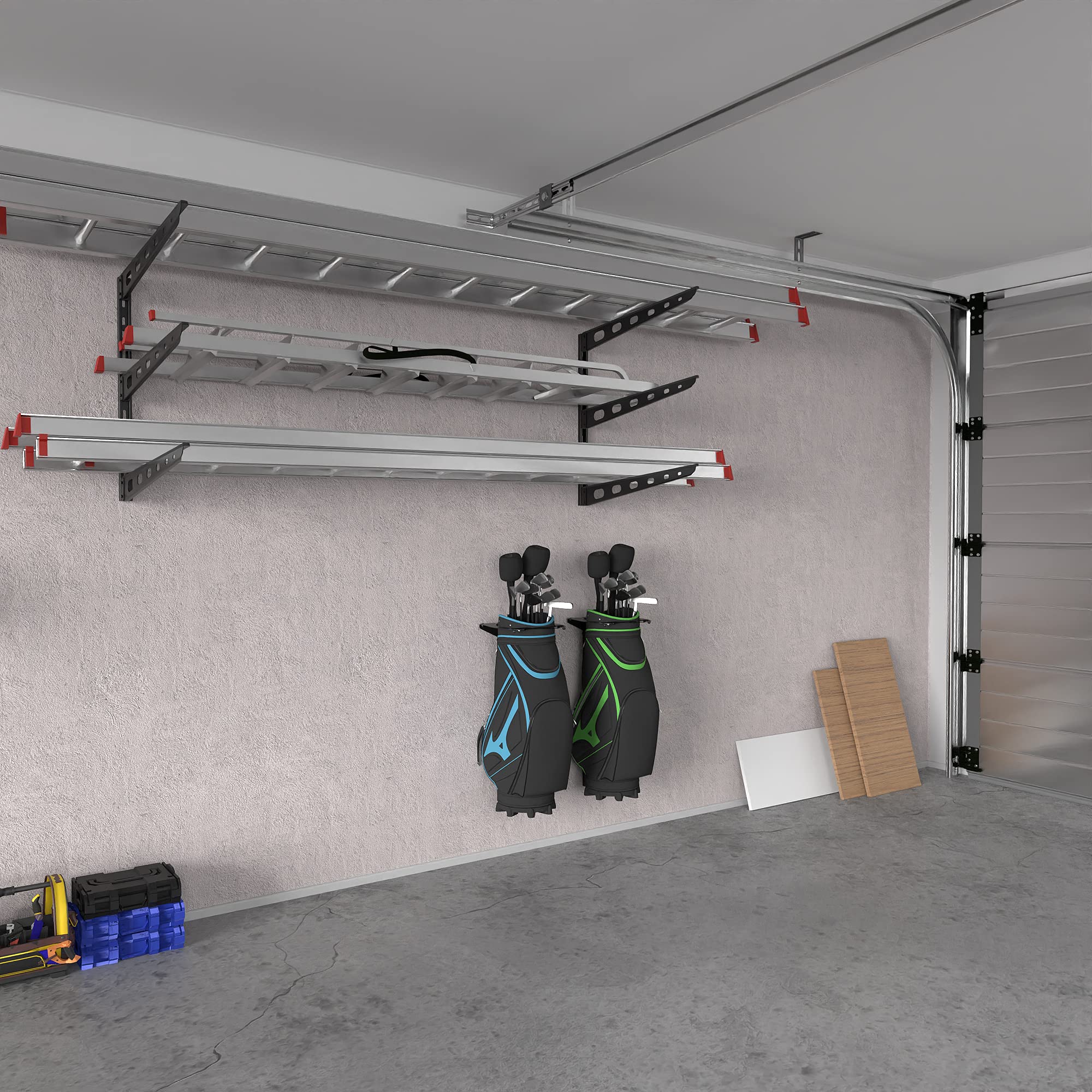 Koova Golf Bag Rack - Heavy Duty Wall Mount Storage Organizer for Golf Clubs & Travel Bags | Space Saving Garage & Shed Organization | Easy Installation for Home & Golf Course Use