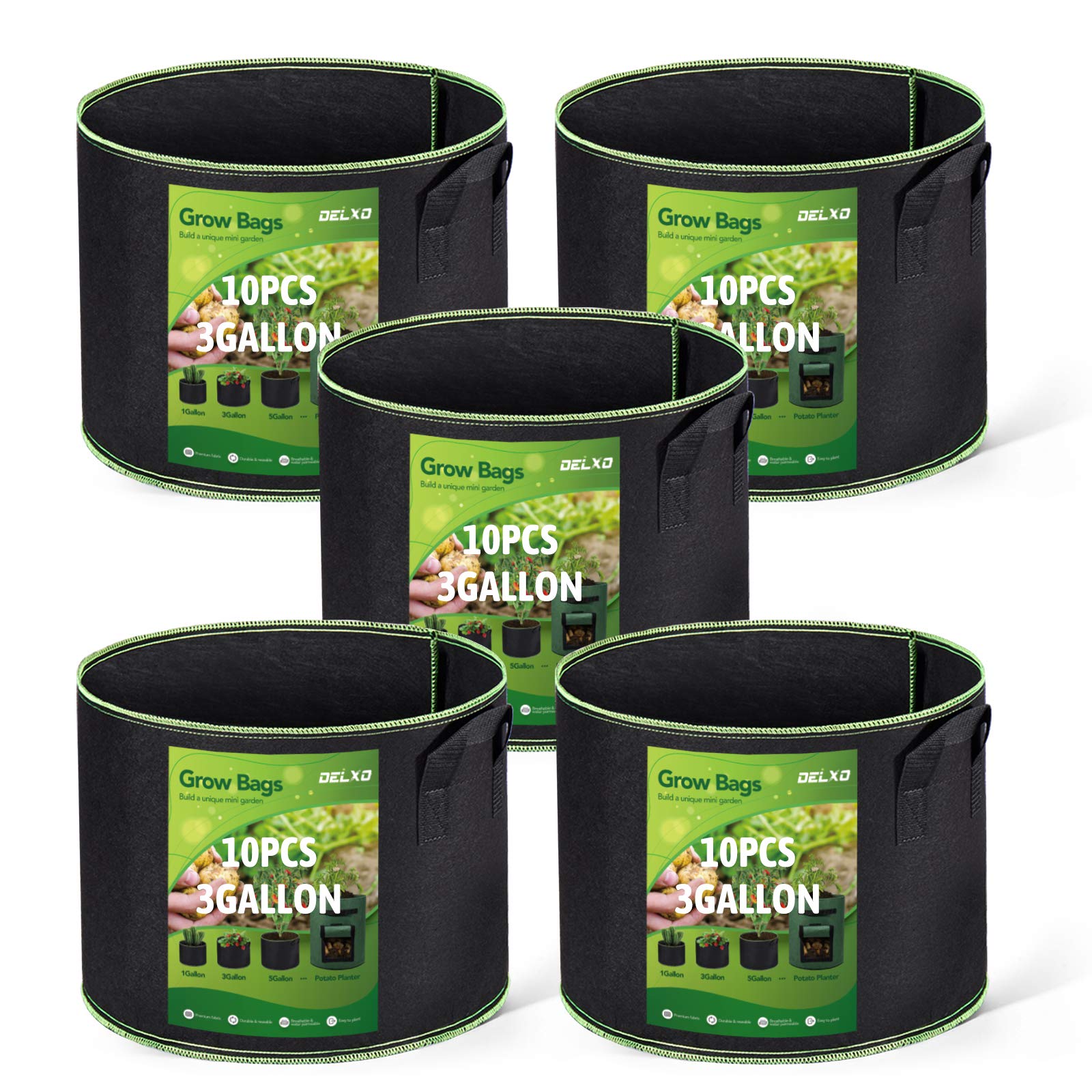 Delxo 10-Pack 3 Gallon Heavy Duty Aeration Fabric Grow Bags - Thickened Nonwoven Plant Pots with Handles for Vegetables, Flowers & Herbs - Indoor/Outdoor Gardening, Container Planting & Urban Farming