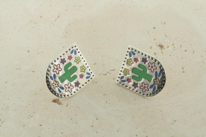 Colorful Enamel Cactus Shield Stud Earrings - Trendy Boho Jewelry for Women, Perfect for Festivals & Everyday Wear