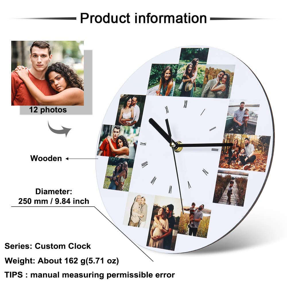 Kaululu 10-Inch Custom Photo Wall Clock - Personalized Round Wall Clock with 12 Photos for Family, Friends, Wife or Husband - Unique Home Decor for Living Room, Bedroom & Kitchen - Perfect Gift for Anniversary, Birthday & Housewarming