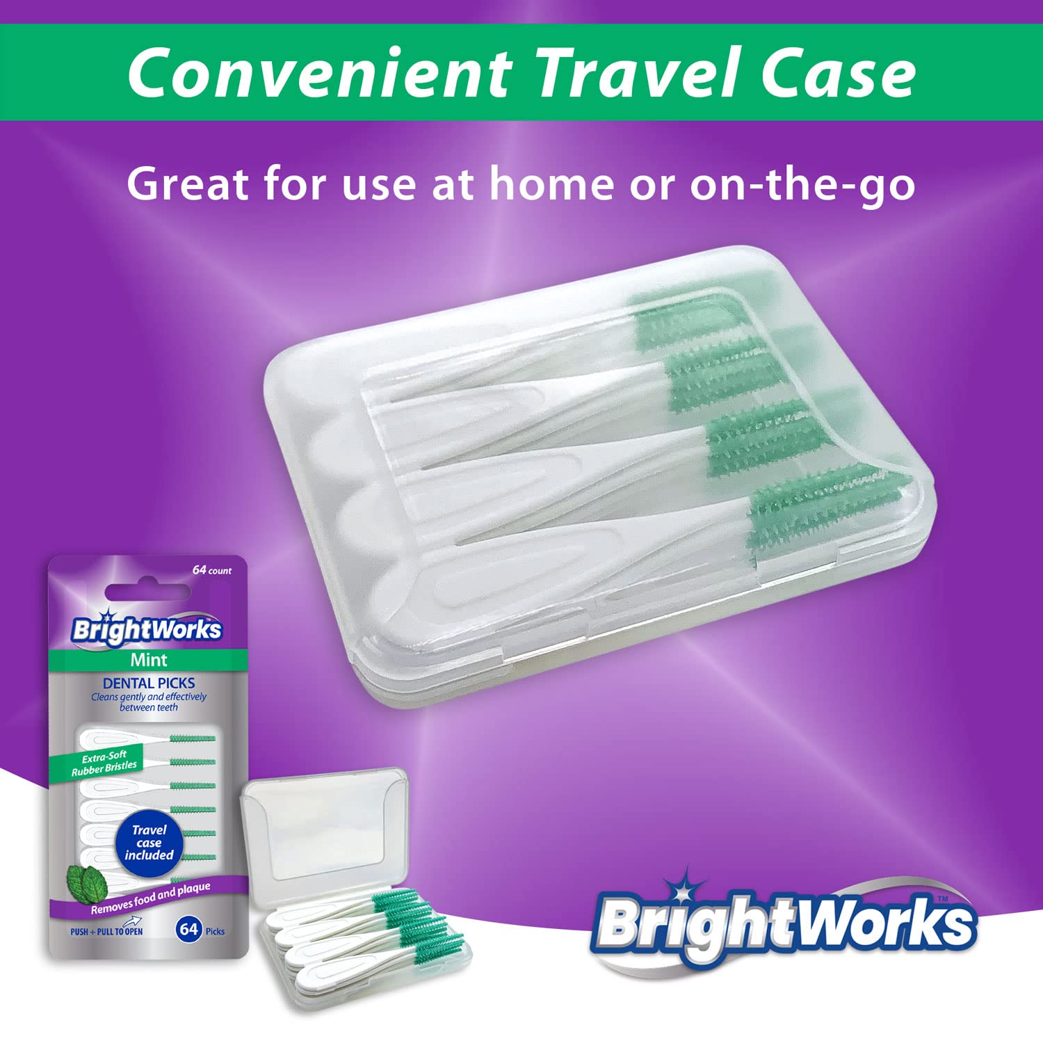 Premium Mint Dental Picks with Extra Soft Rubber Bristles & Flexible Tip - Gentle Effective Teeth Cleaning for Braces, Gums & Tight Spaces - Includes Travel Case (3 Packs, 192 Count Total) - Perfect for Travel, Home & Office Oral Care