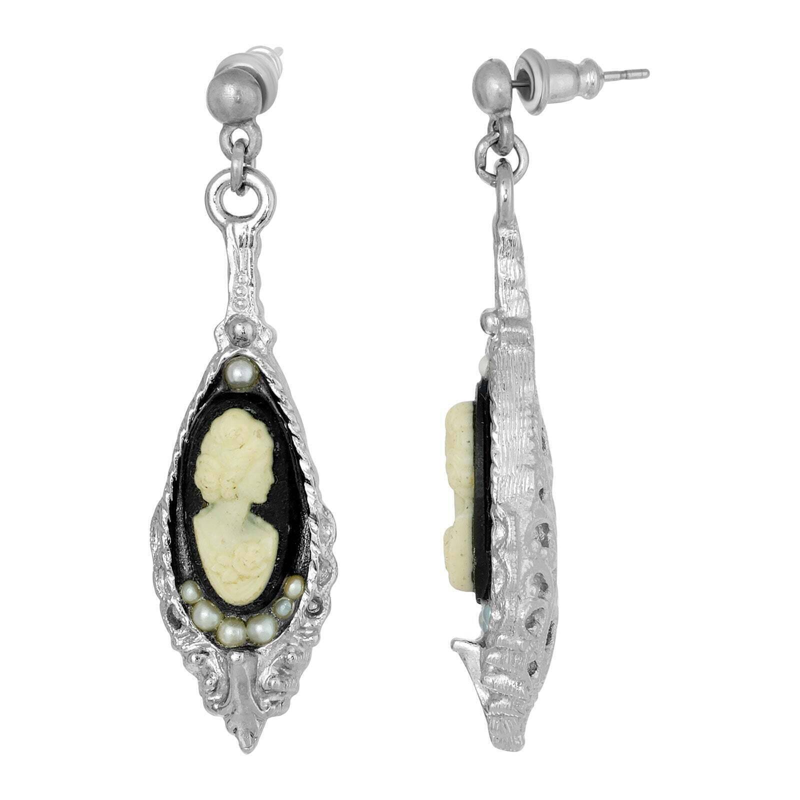 1928 Vintage Black and White Cameo Faux Pearl Drop Earrings - Elegant Post Dangle Earrings for Women, Perfect for Weddings, Parties & Formal Occasions