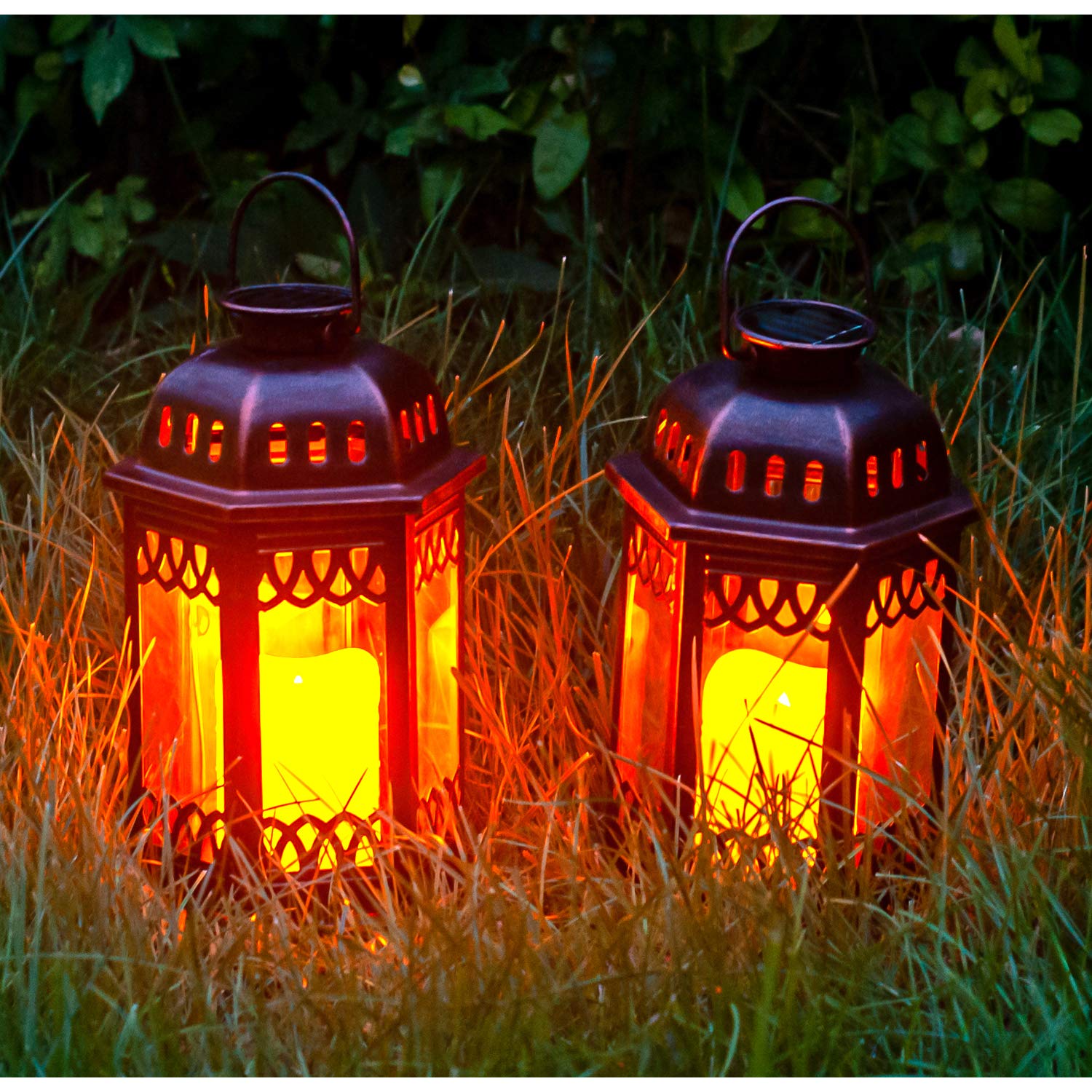 SteadyDoggie Solar Lanterns 2 Pack - Outdoor Hanging Solar Lights with Flickering Candle LED, Bronze Retro Ornate Design with Handle (6.6x6.6x10.6 Inch) - Perfect for Garden, Patio, Porch, and Backyard Decor