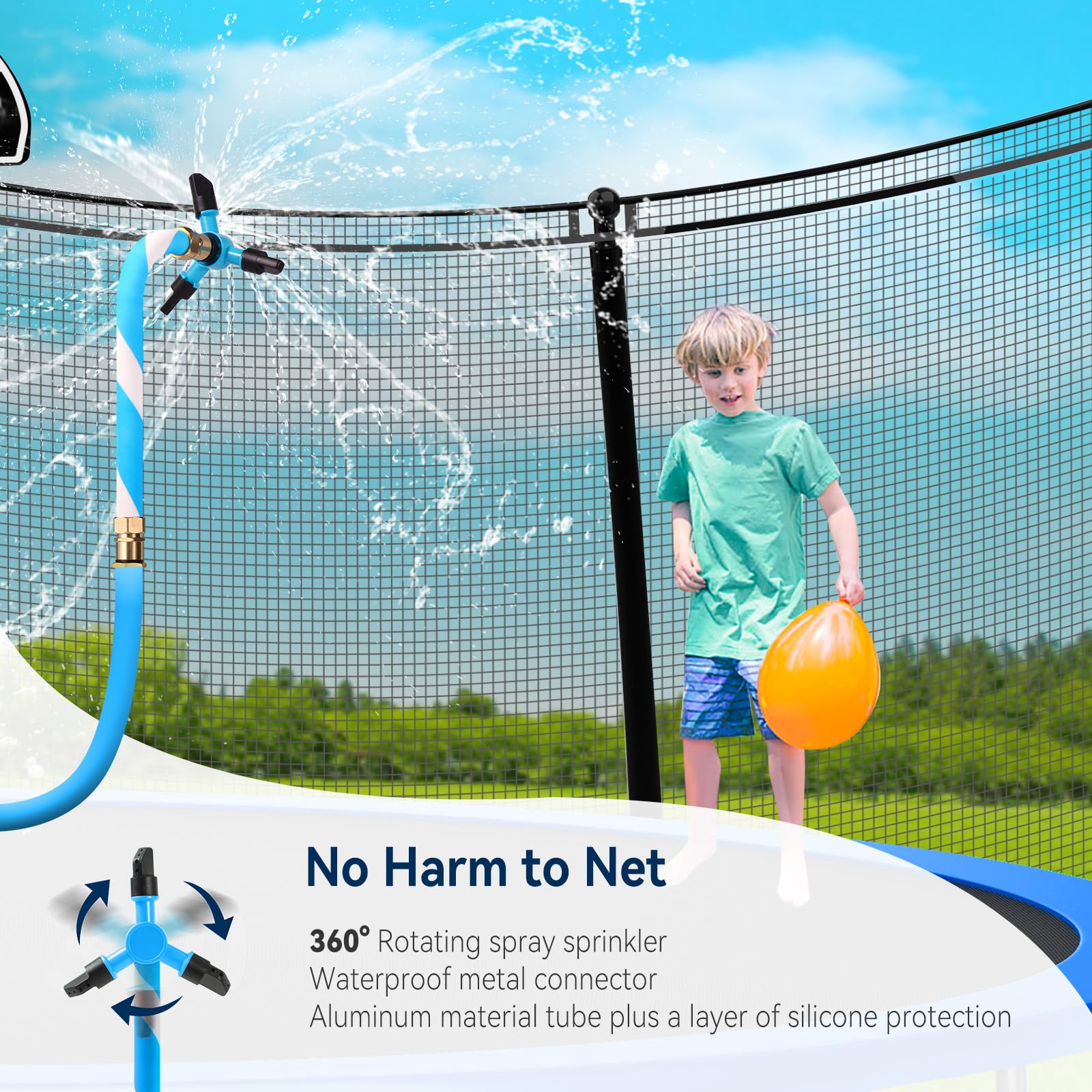 Tatub Trampoline Accessories Kit for Kids - Heavy Duty Anchor Stakes, Net-Friendly Sprinkler & 50FT Waterproof LED Lights - Fits 8-16FT Trampolines - Perfect for Backyard Water Play & Nighttime Jumping Fun