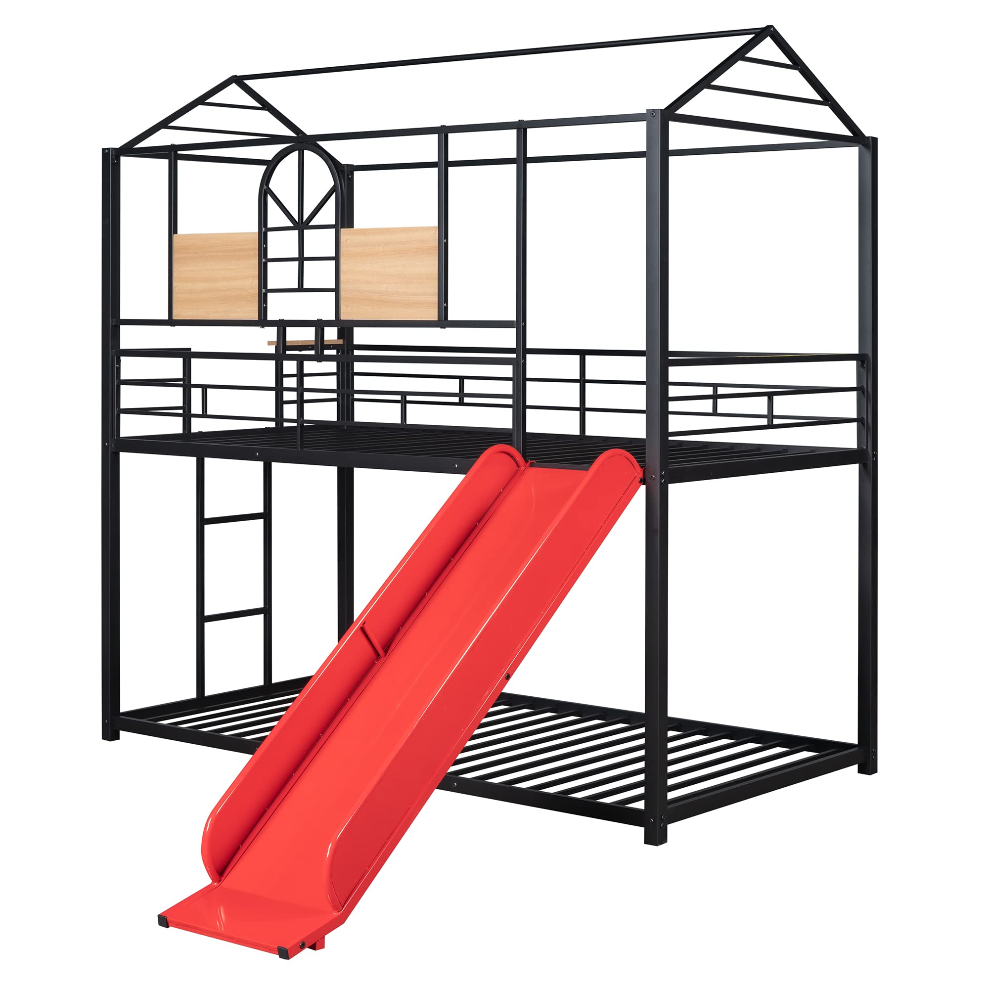 Twin Over Twin Metal Bunk Bed with Staircase & Slide - Kids Bunk Bed for Bedroom, Dorm or Playroom - Red Slide & Black Frame - Space Saving Bunk Beds for Siblings or Sleepovers