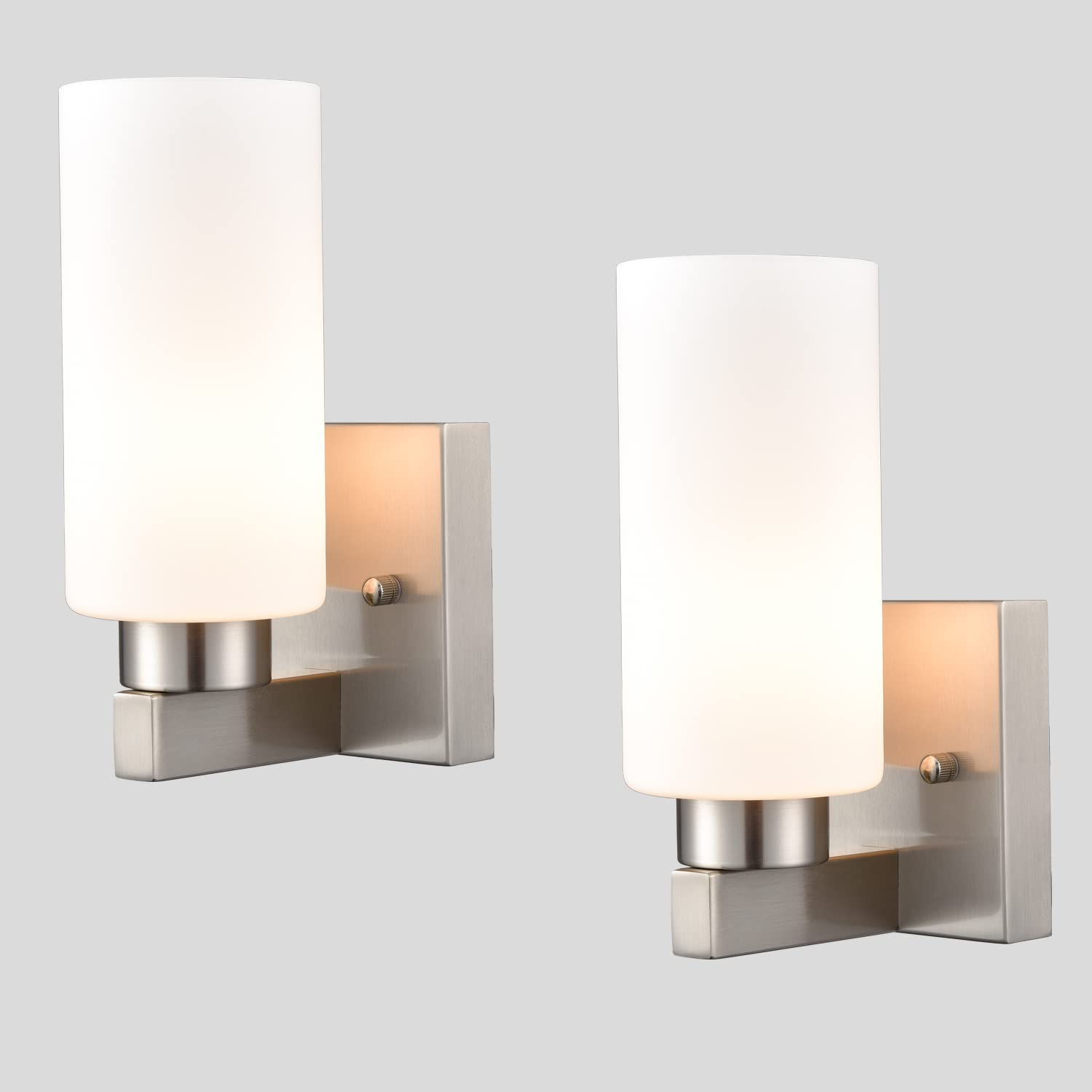 Modern Brushed Nickel Wall Sconces Set of 2 - Bathroom Vanity Lights with Milky White Cylinder Glass Shades for Bedroom, Hallway & Living Room Lighting Decor
