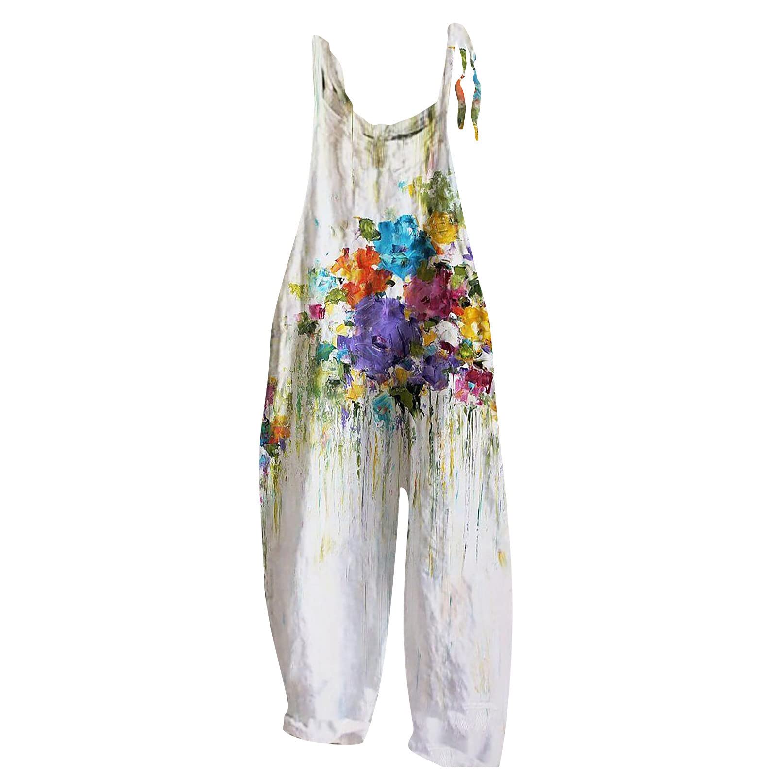 Vintage Halloween Bat Pumpkin Ghost Printed Jumpsuit for Women - Cotton Linen Spaghetti Strap Romper Overalls | Costume Party, Cosplay, Halloween Outfit