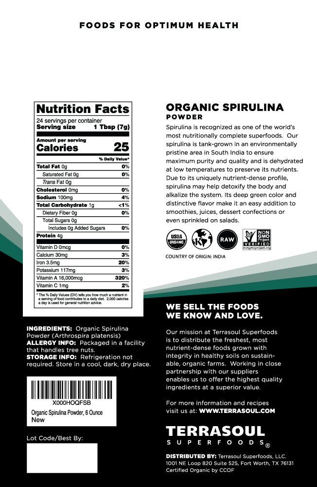 Organic Spirulina Powder by Terrasoul Superfoods | 6 Oz | Vegan Protein & Green Superfood Boost | Supports Immunity & Detox | Perfect for Smoothies, Elixirs & Wellness Drinks | Gluten-Free & Non-GMO | Ideal for Athletes, Health Enthusiasts & Daily Wellness Routines