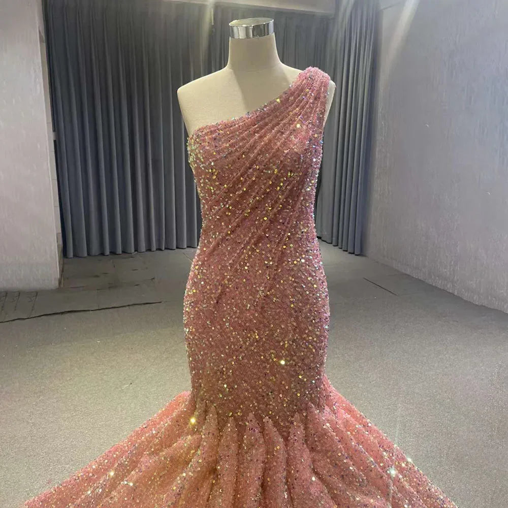 Serene Hill Peach One Shoulder Lace Up Sequined Beaded Luxury Mermaid Wedding Dress 2025 | Custom Made Bridal Gown HM67447 | Perfect for Beach Weddings, Evening Galas & Formal Events