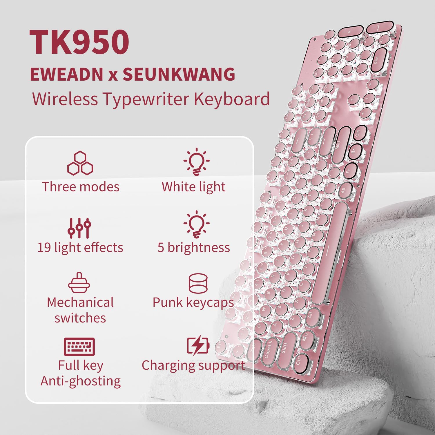 EWEADN TK950 Wireless Mechanical Keyboard - 104 Keys Typewriter Style with White Backlit, Blue Switch, Anti-Ghosting (Bluetooth/2.4GHz/USB-C) - Pink Cute Keyboard for Office, Gaming & Creative Writing