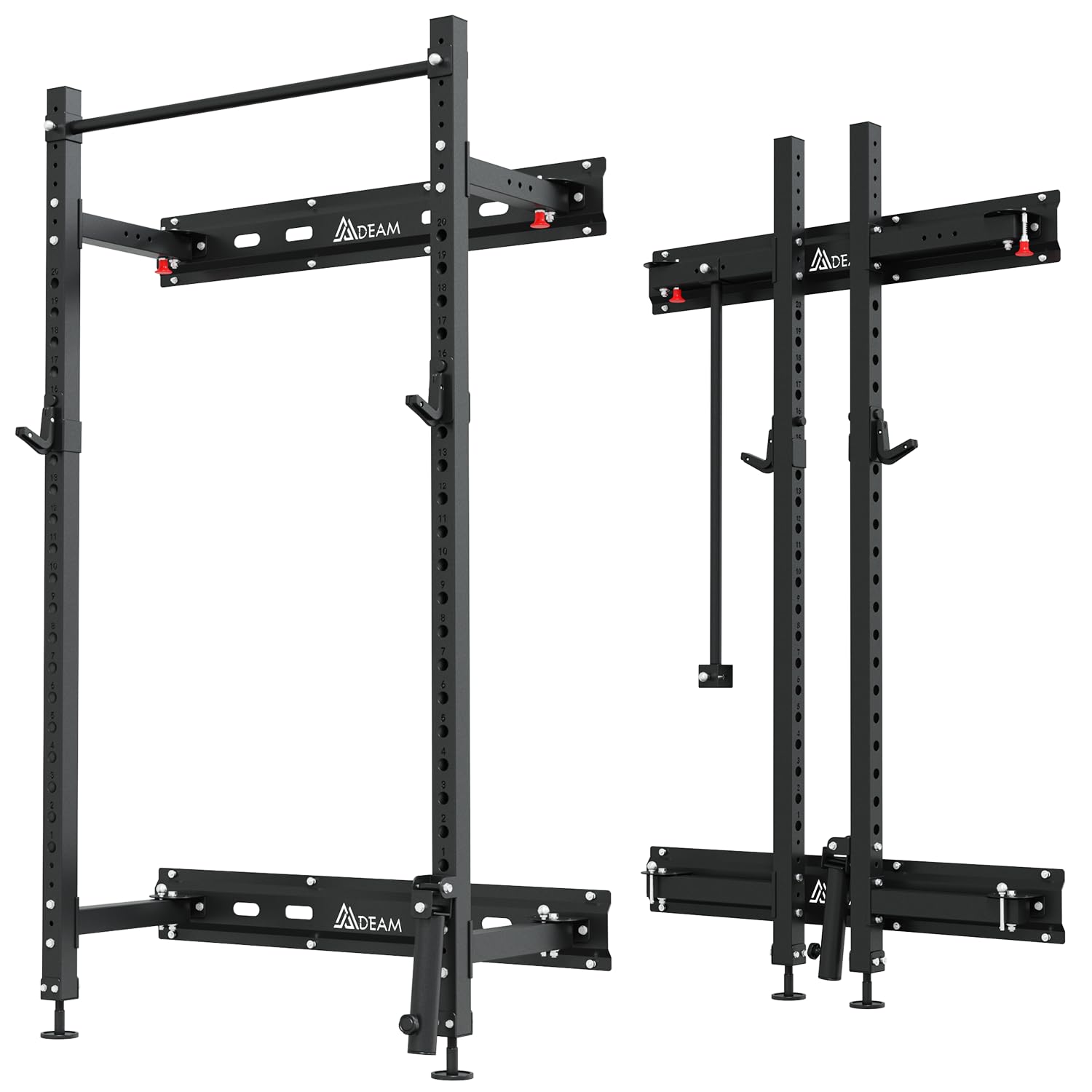 Mdeam Folding Squat Rack for Home Gym - Wall Mounted Power Cage with Pull Up Bar, J-Hooks & Landmine - 1000LBS Capacity Space-Saving 2.36
