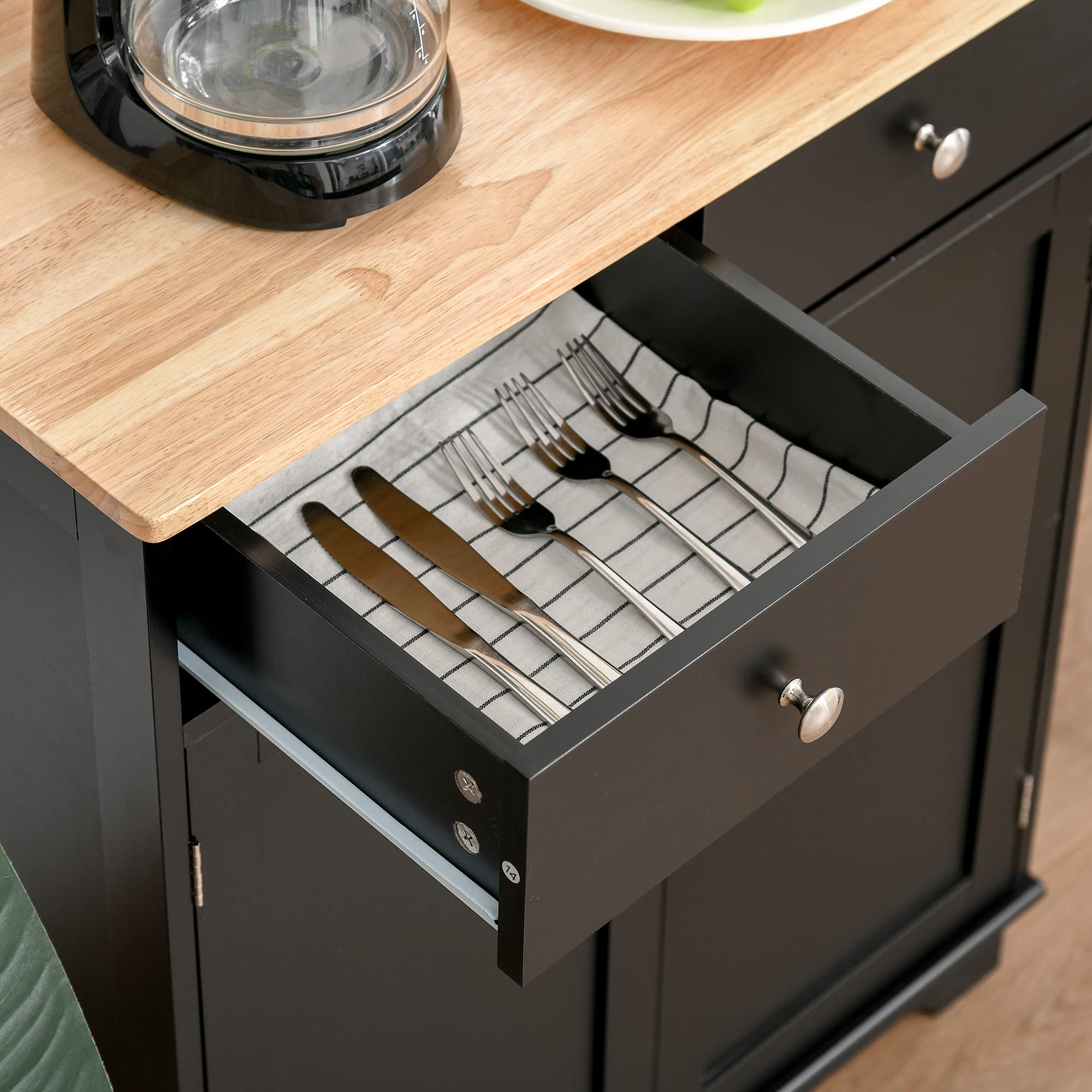 HOMCOM Modern Sideboard with Solid Wood Countertop - Kitchen Storage Cabinet, Coffee Bar Organizer with 2 Drawers & Doors, Adjustable Shelf - Black - Perfect for Dining Room, Living Room & Home Office Storage