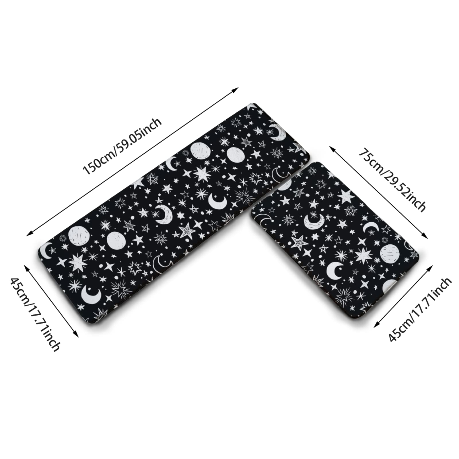 Black and White Moon & Star Pattern Non-Slip Kitchen Rug Set - 2-Piece Washable Flannel Floor Mats for Kitchen, Bathroom, Laundry Room - Soft Runner Rugs for Home Decor & Safety (One Size)