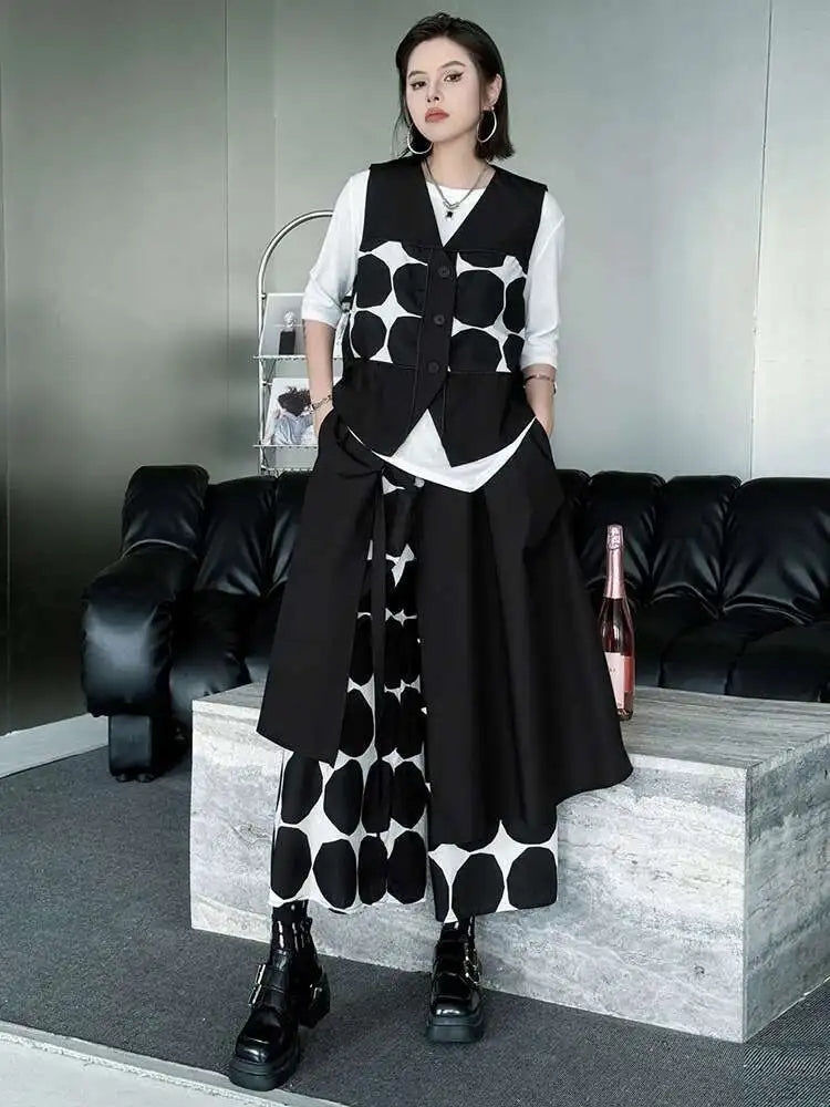 Plus Size Black Polka Dot Vest & Wide Leg Pants 2-Piece Set - Women's Fashion V-Neck Sleeveless Outfit for Spring/Fall 2025 | Office Wear, Casual Chic, Party Outfit