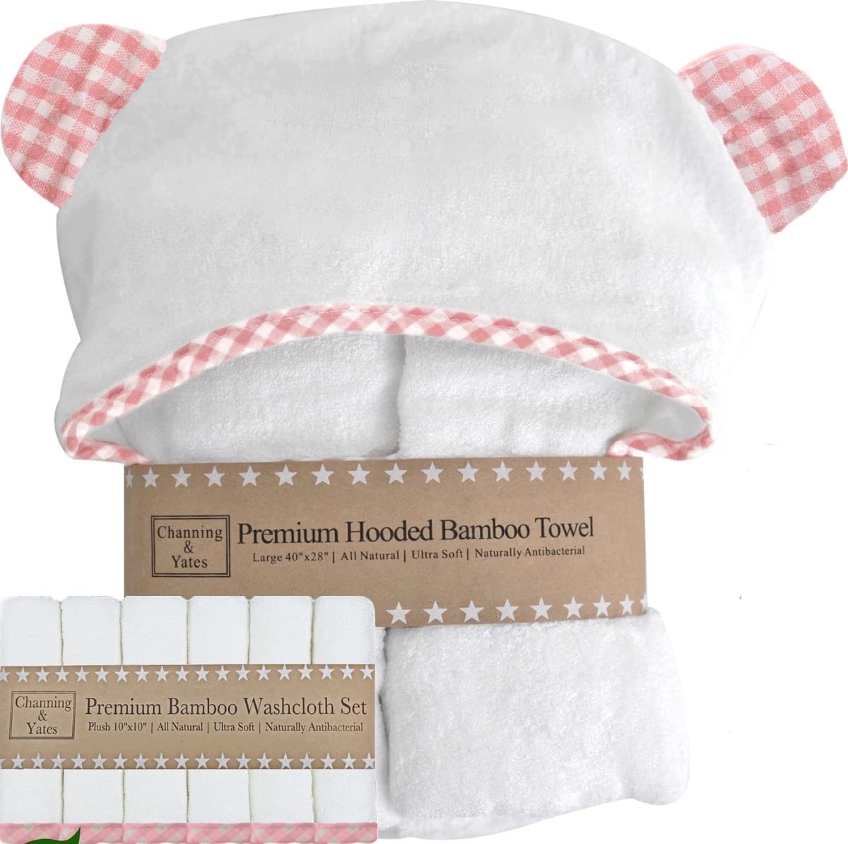 Channing & Yates Premium Organic Bamboo Viscose Hooded Baby Towel & Washcloth Set - Soft Absorbent Newborn Bath Towel with Hood (Pink) - Perfect for Baby Showers, Bath Time & Spa Days
