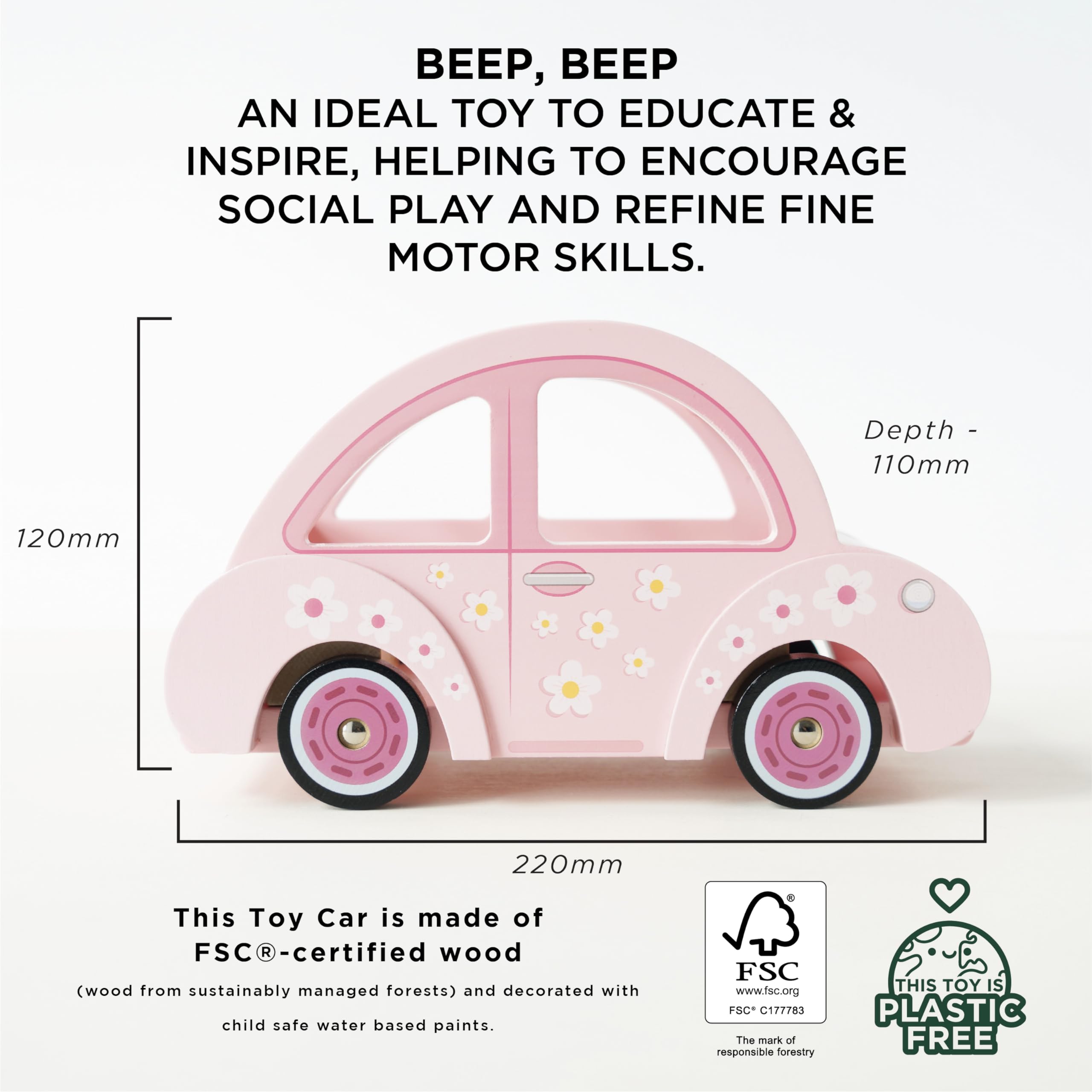 Le Toy Van Wooden Daisylane Sophie's Car Accessory Playset for Dollhouses - Pink Doll Car Toy with Luggage & Travel Accessories - Pretend Play Vehicle for Kids Ages 2+ - Perfect for Dollhouse Play, Travel Adventures & Imaginative Role Play