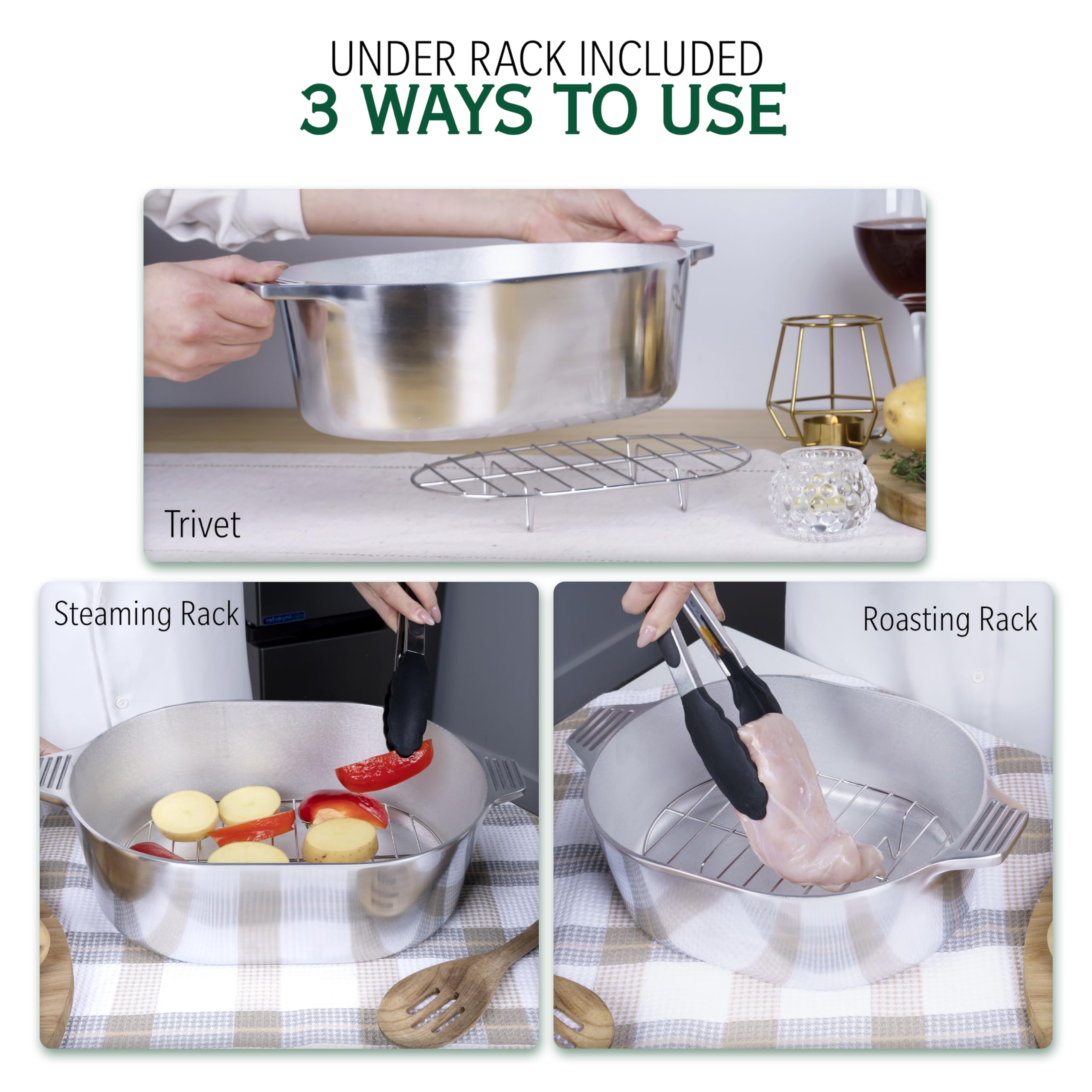5 Quart Cast Aluminum Dutch Oven with Lid - Lightweight Oval Roaster Pan for Cajun Cooking, Bread Baking, Stews & Soups - Includes Silicone Covers & Rack for Even Heat Distribution (11 Inch) - Perfect for Camping, Outdoor Cooking & Home Kitchen Use