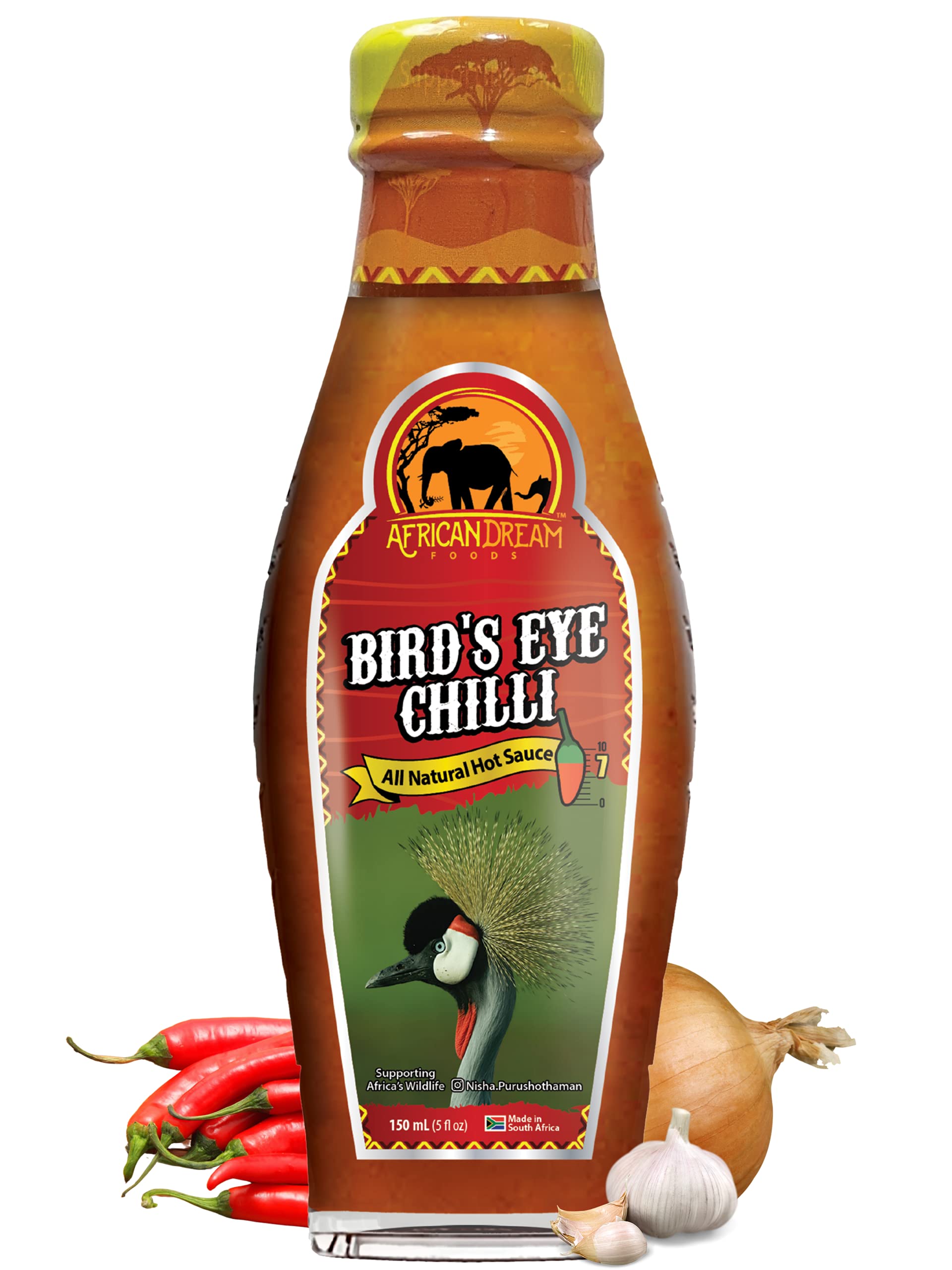 African Dream Foods Bird's Eye Chilli Hot Sauce - Bold & Fiery Flavor, Vegan, Non-GMO, 5 fl oz Glass Bottle - Perfect for Wings, Tacos, Pizza & Spicy Food Lovers