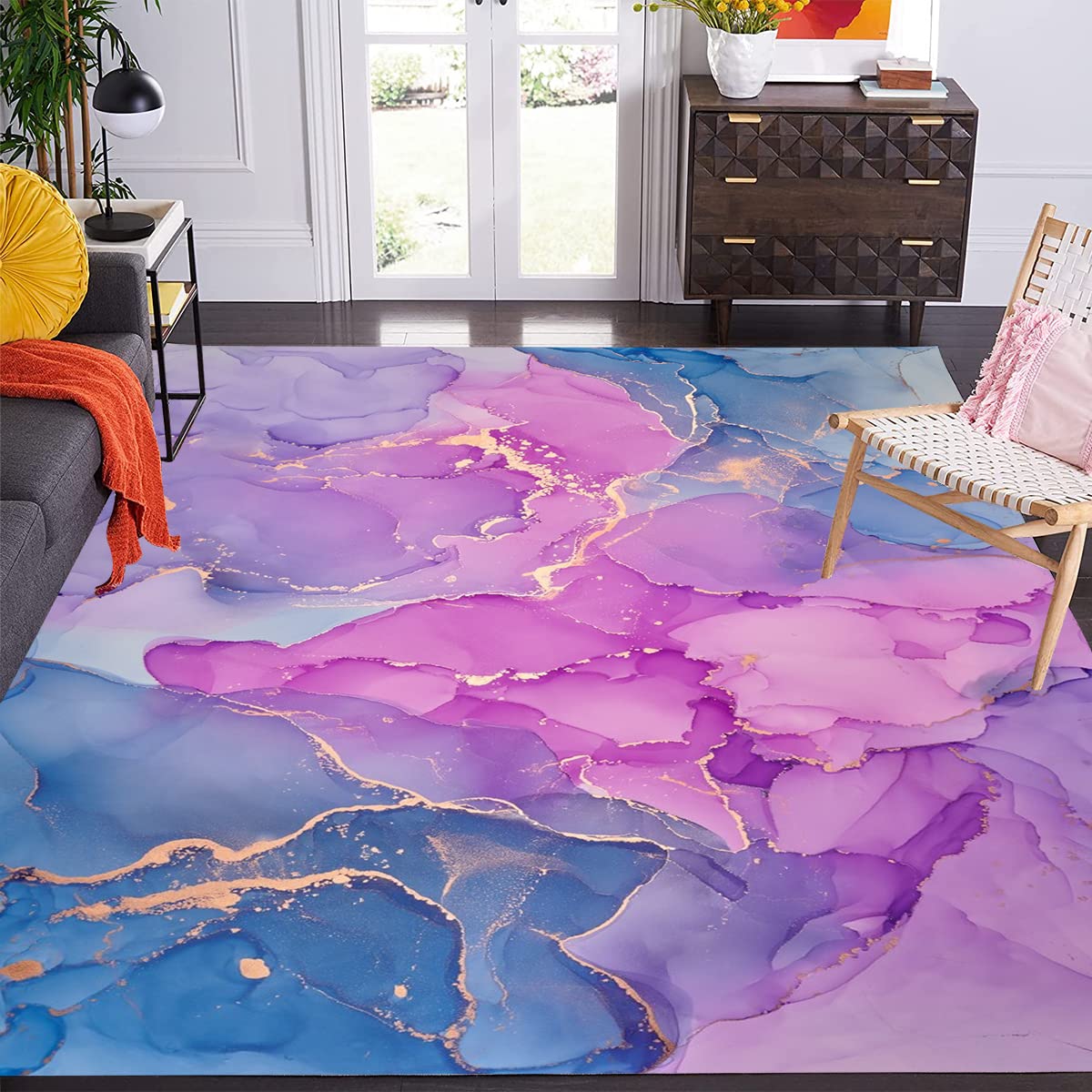 Purple Blue Gold Marble Pattern 6x9 Area Rug - Modern Abstract Non-Shedding Washable Carpet for Living Room, Bedroom, Dining Table & Home Office - Soft Large Floor Rug for Aesthetic Decor & Chic Spaces