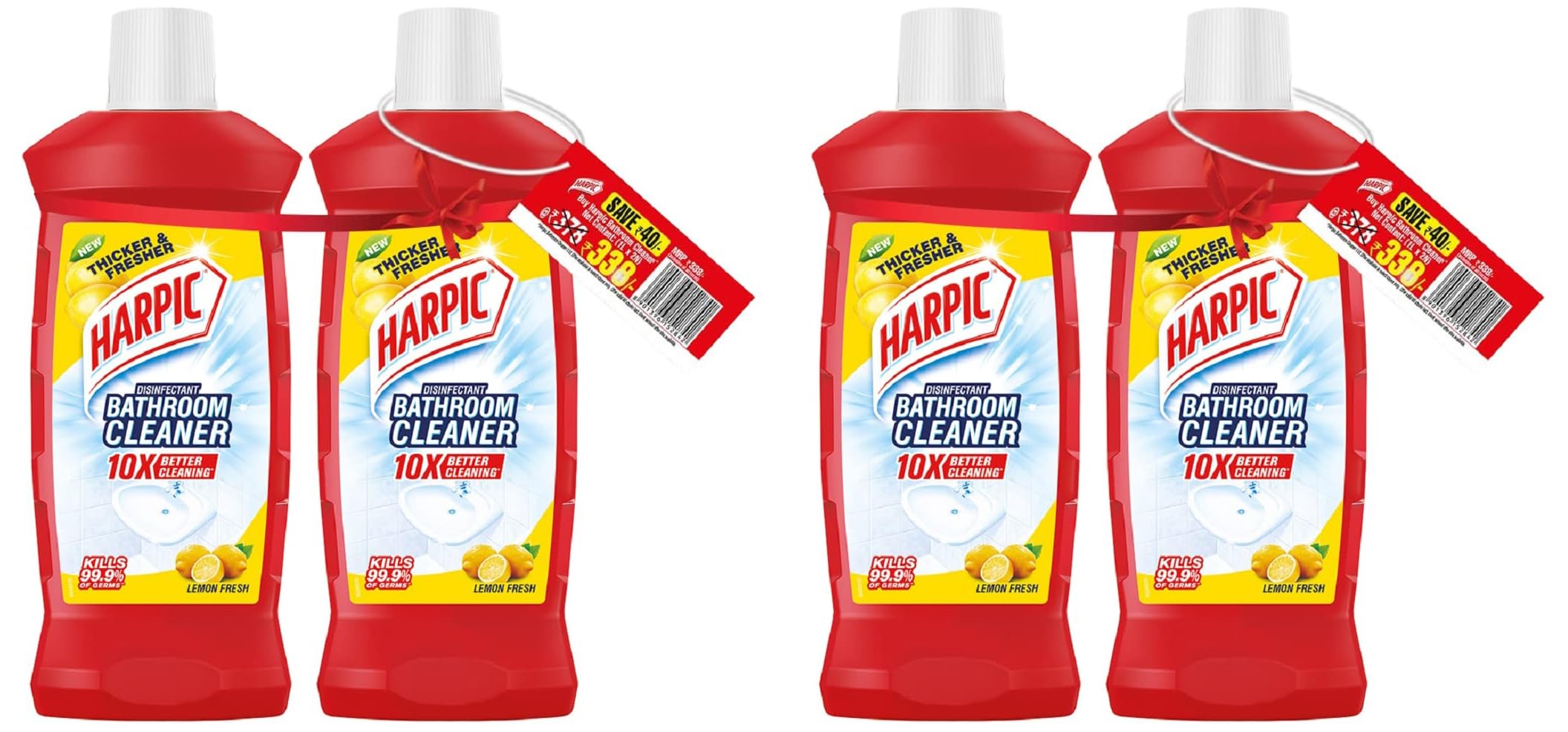 Harpic Lemon Bathroom Cleaner Liquid - 1 Litre (Pack of 4) | Thick Formula Floor Cleaner | Red Bottle | For Toilets, Tiles, Sinks & Showers