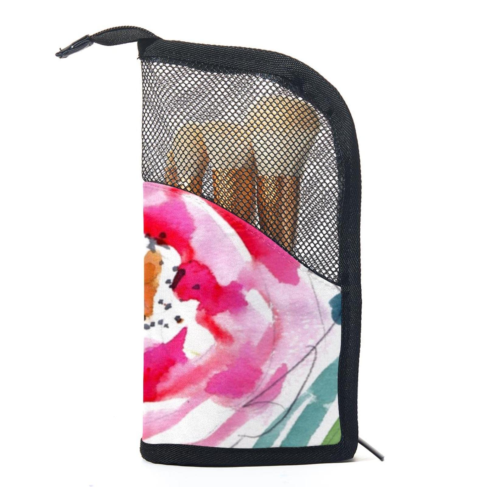 Watercolor Leaves Floral Makeup Brush Organizer Bag with 12 Brushes - Portable Cosmetic Brush Holder Case for Travel, Home & Professional Makeup Artists