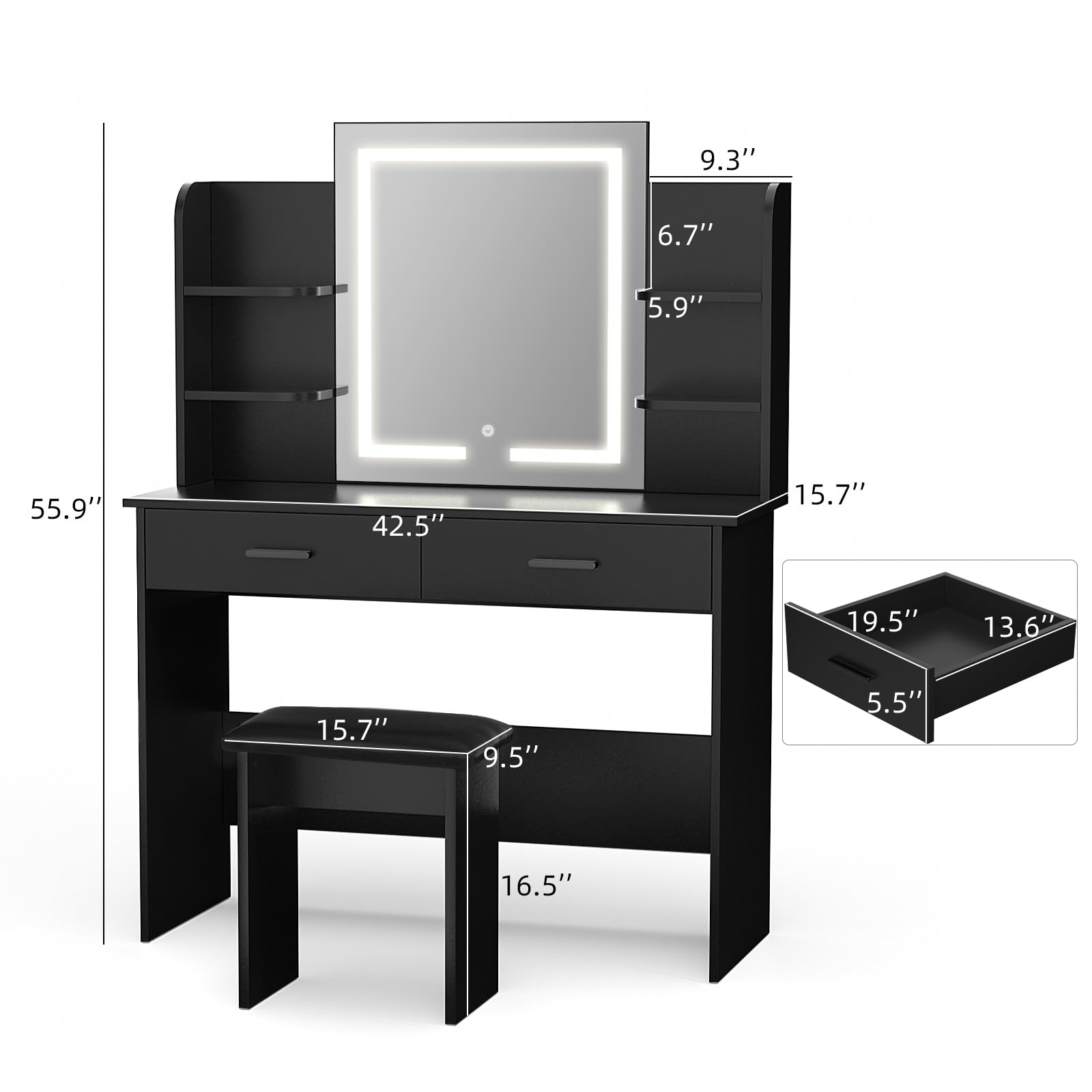SMOOL Vanity with LED Lighted Mirror - Makeup Vanity Desk with 3 Color Lighting Modes & Adjustable Brightness, Vanity Table with Storage Shelves, Drawers & Stool - Perfect for Bedroom, Dressing Room & Beauty Salon
