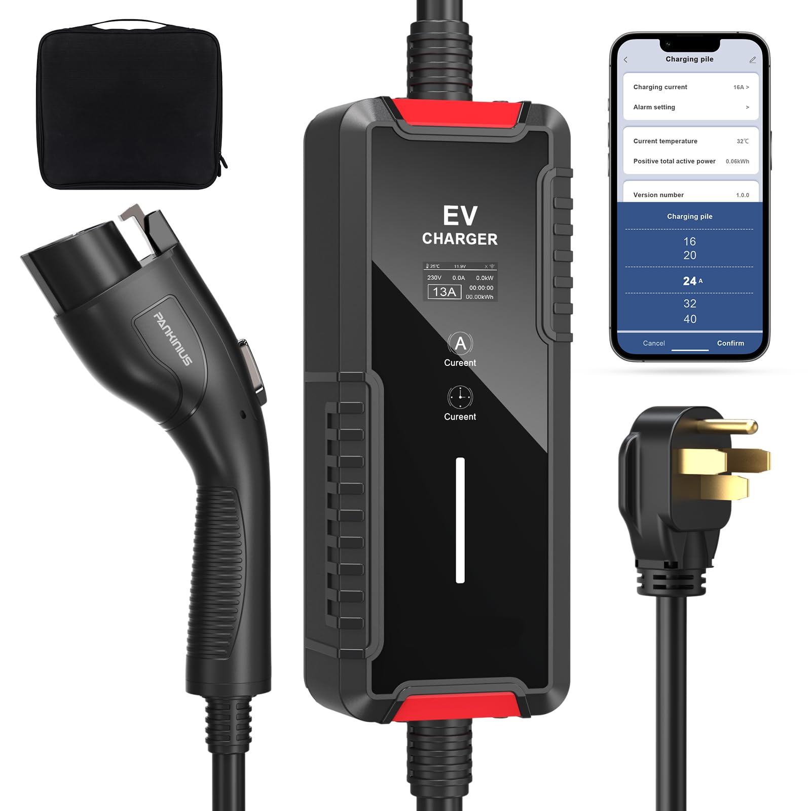 Premium Level 2 EV Charger - 40A Fast Charging, 25ft Portable J1772 Electric Vehicle Charger with Smart App Control, Adjustable Current & Scheduling, NEMA 14-50 Plug - Perfect for Home, Office & Road Trip Charging