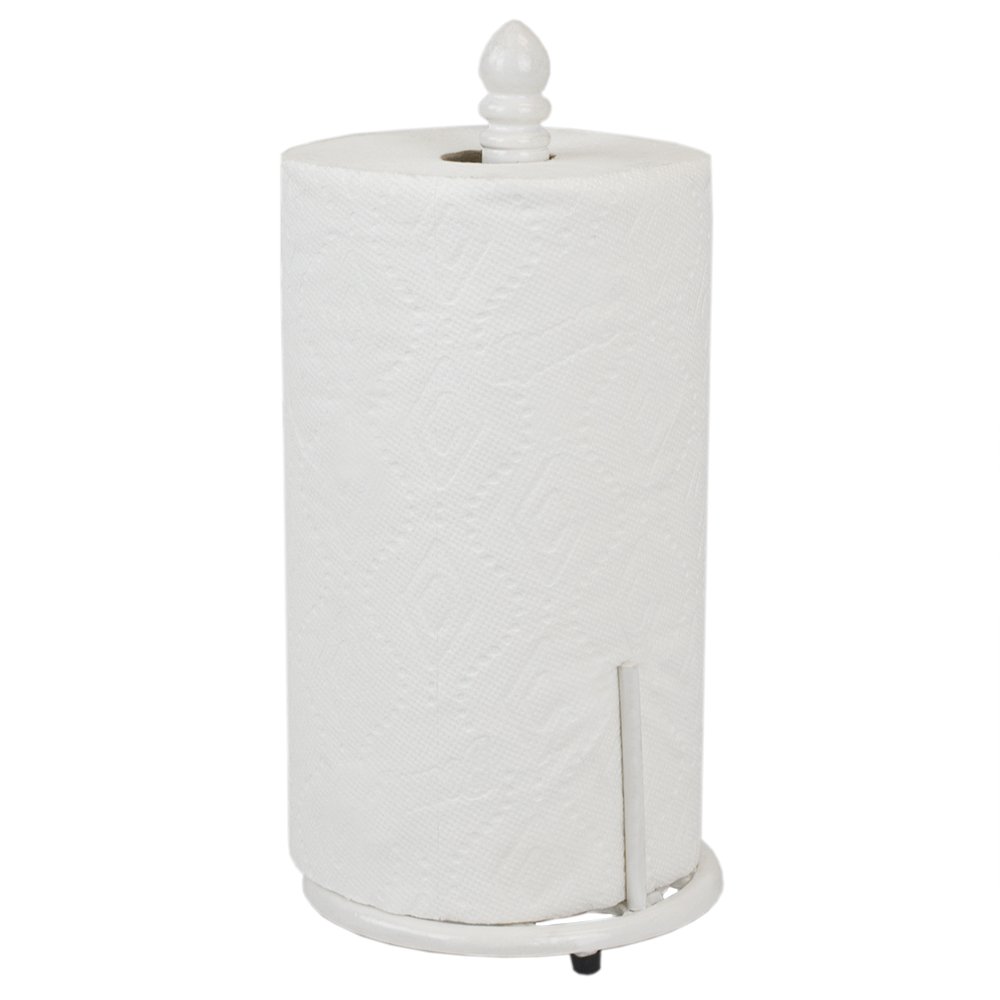 Lattice Design Cast Iron Paper Towel Holder - White Countertop Kitchen Organizer with Tear-Arm & Non-Skid Feet | Perfect for Kitchen Counter, Office Desk, Bathroom & RV | Home Basics
