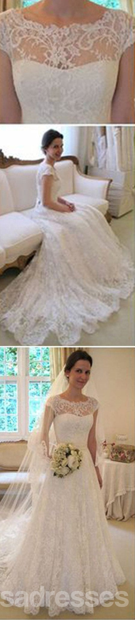 Elegant Long A-Line Round Neck Illusion White Lace Wedding Dress WD0044 - Perfect for Bridal Gowns, Formal Parties & Special Occasions