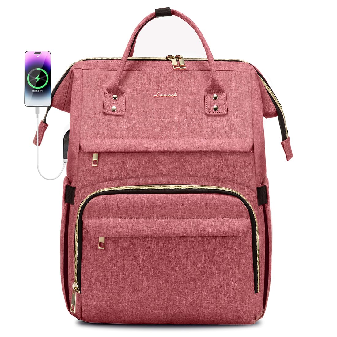 LOVEVOOK 15.6 Inch Women's Laptop Backpack - Waterproof Travel Backpack with USB Charging Port for Work, College & Nursing - Light Red Professional Computer Bag for Teachers, Students & Business Travel