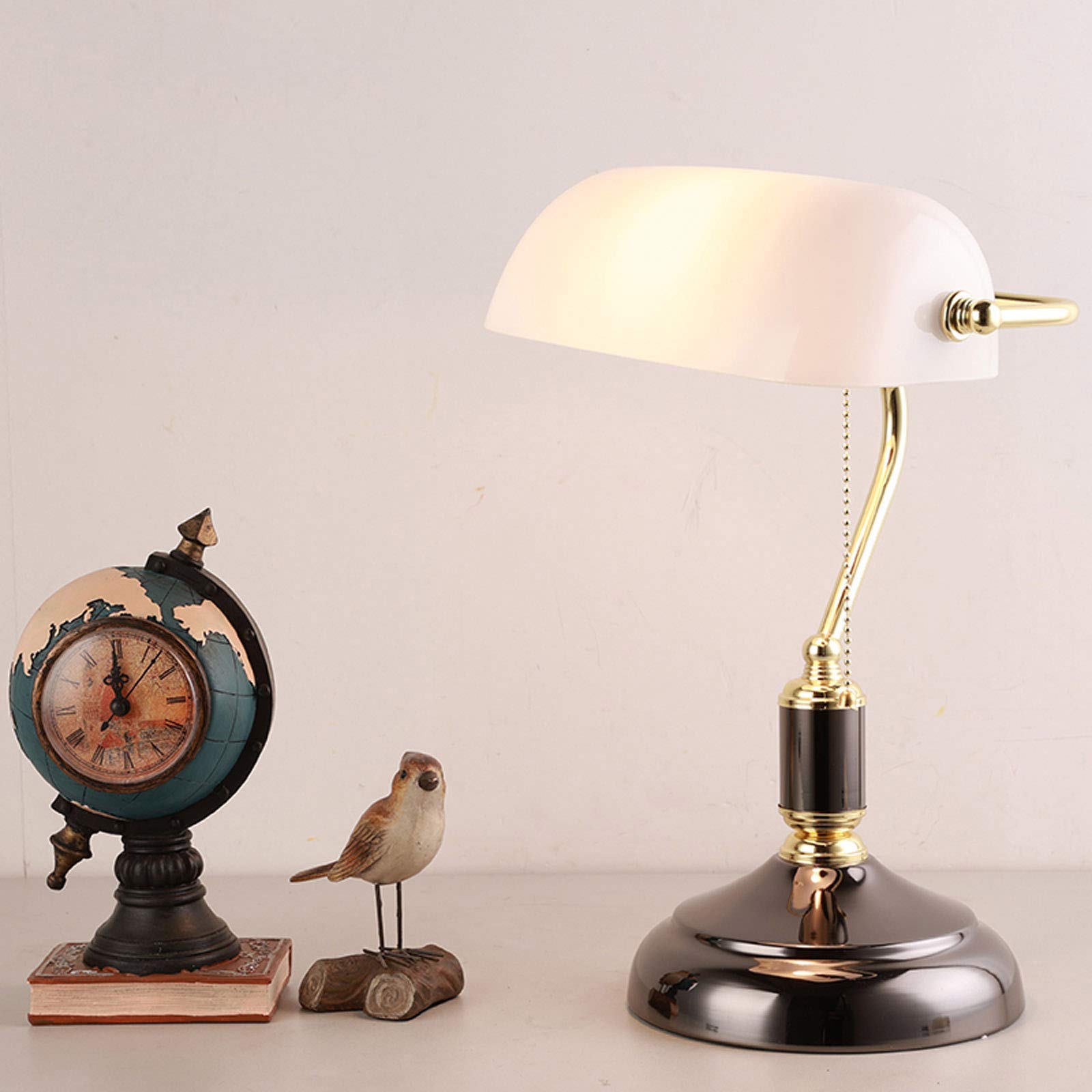 Vintage Style White Bankers Desk Lamp - Adjustable Glass Shade with Pull Chain Switch, E27 Base - Perfect for Home Office, Study Room, Living Room & Reading Nook - Antique Inspired Table Lamp for Classic Decor