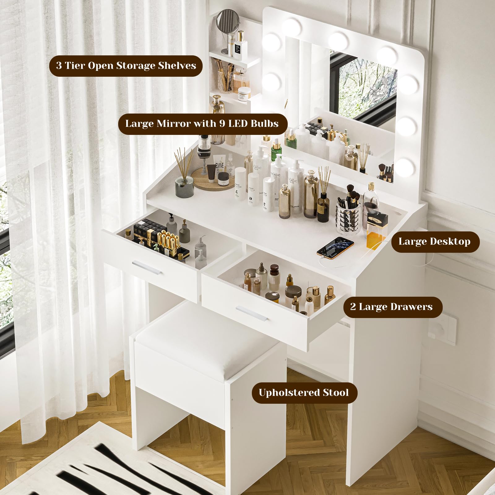 Vanity Desk with Mirror and Lights - Adjustable Brightness Makeup Vanity Set with Power Outlet, Cushioned Stool & 3 Lighting Modes, White Dressing Table with Hairdryer Holder for Bedroom, Bathroom & Salon Use