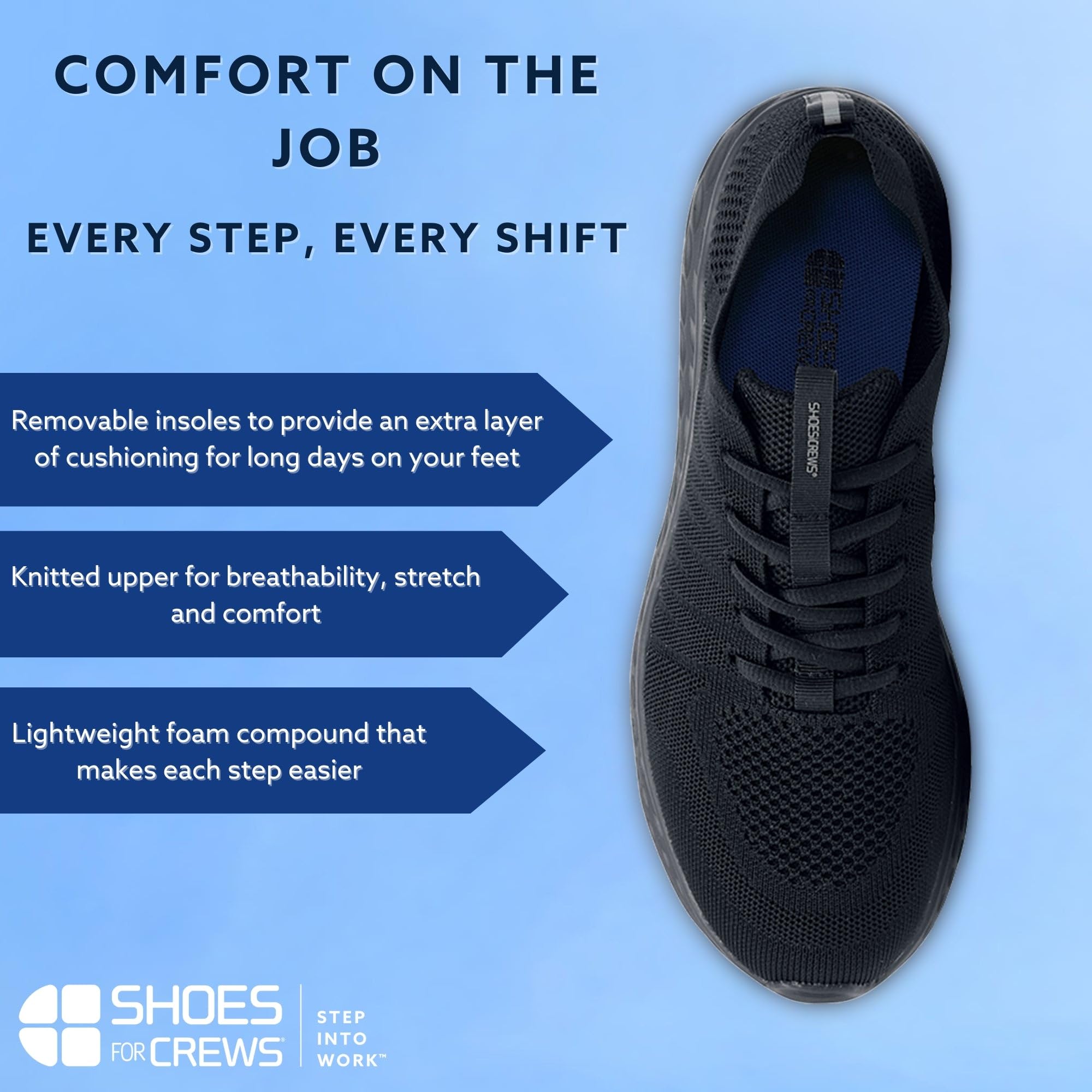 Shoes for Crews Everlight Men's Breathable Lightweight Lace-Up Slip Resistant Water Resistant Work Shoes - Black Non-Slip Safety Shoes for Restaurant, Kitchen, Hospital & Construction Workers