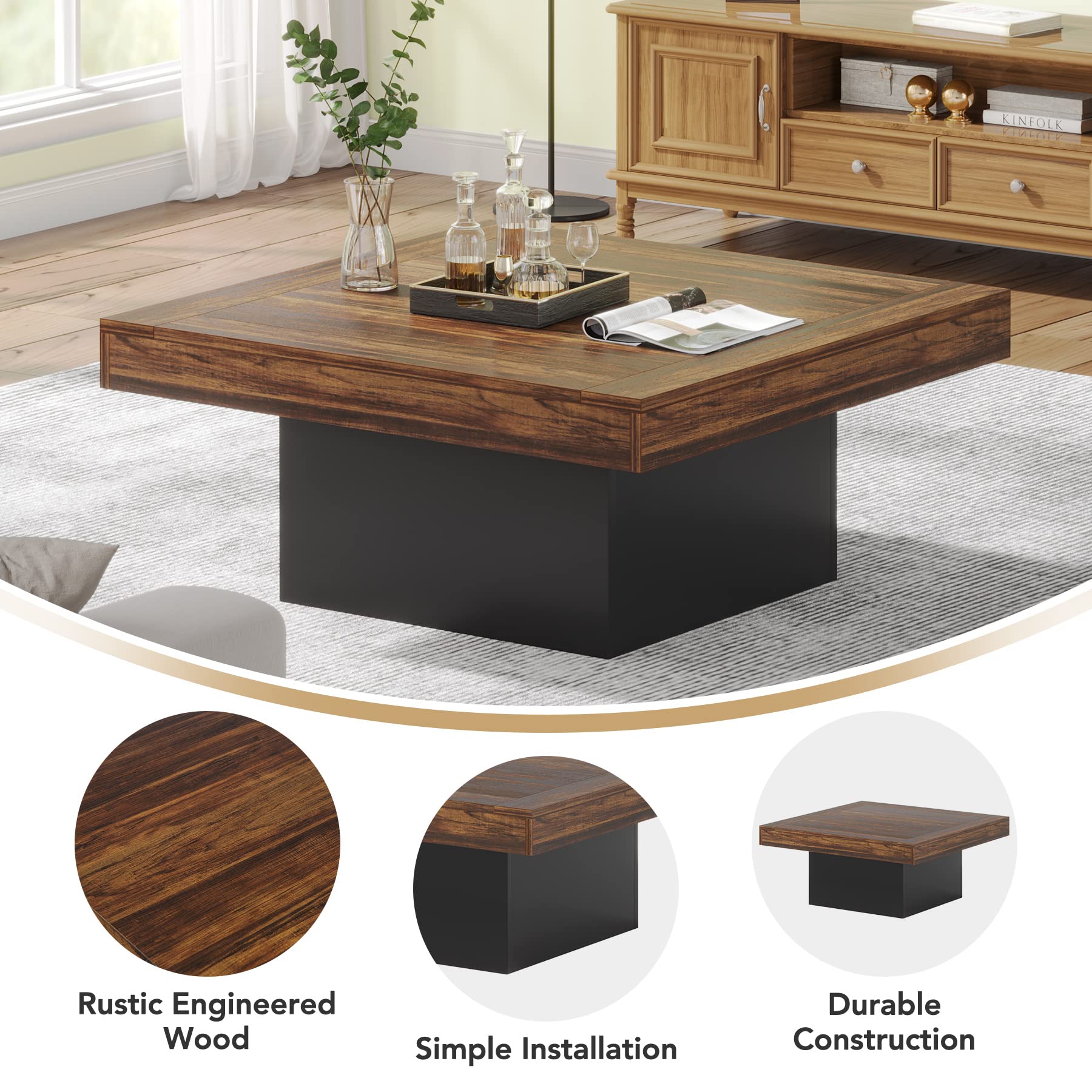 Tribesigns Square LED Coffee Table - Rustic Brown & Black Engineered Wood Low Profile Modern Coffee Table for Living Room, Lounge, and Office - Perfect for Home Decor & Entertainment Spaces