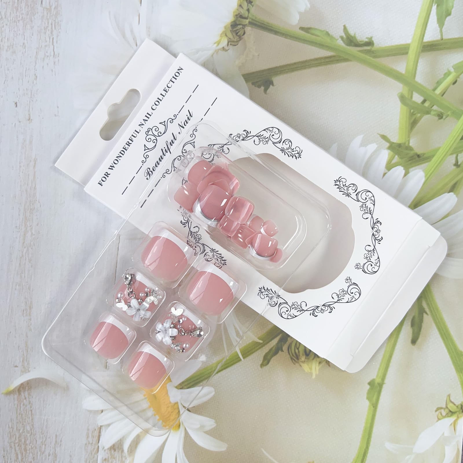 3D White Flower French Tip Press On Toenails - Short Square Fake Toenails with Pearl Accents | Glossy Full Cover False Nails for Summer Pedicure Decorations | Perfect for Beach Vacations, Weddings & Nail Art Enthusiasts