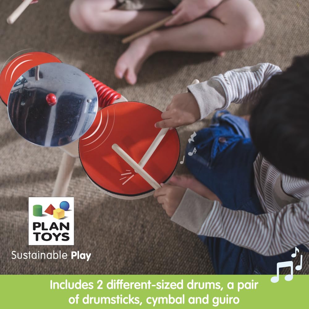 PlanToys Musical Band Set - Wooden Percussion Instruments for Kids, Toddler Musical Toys with Drum, Xylophone & More - Perfect for Early Learning, Music Play & Sensory Development