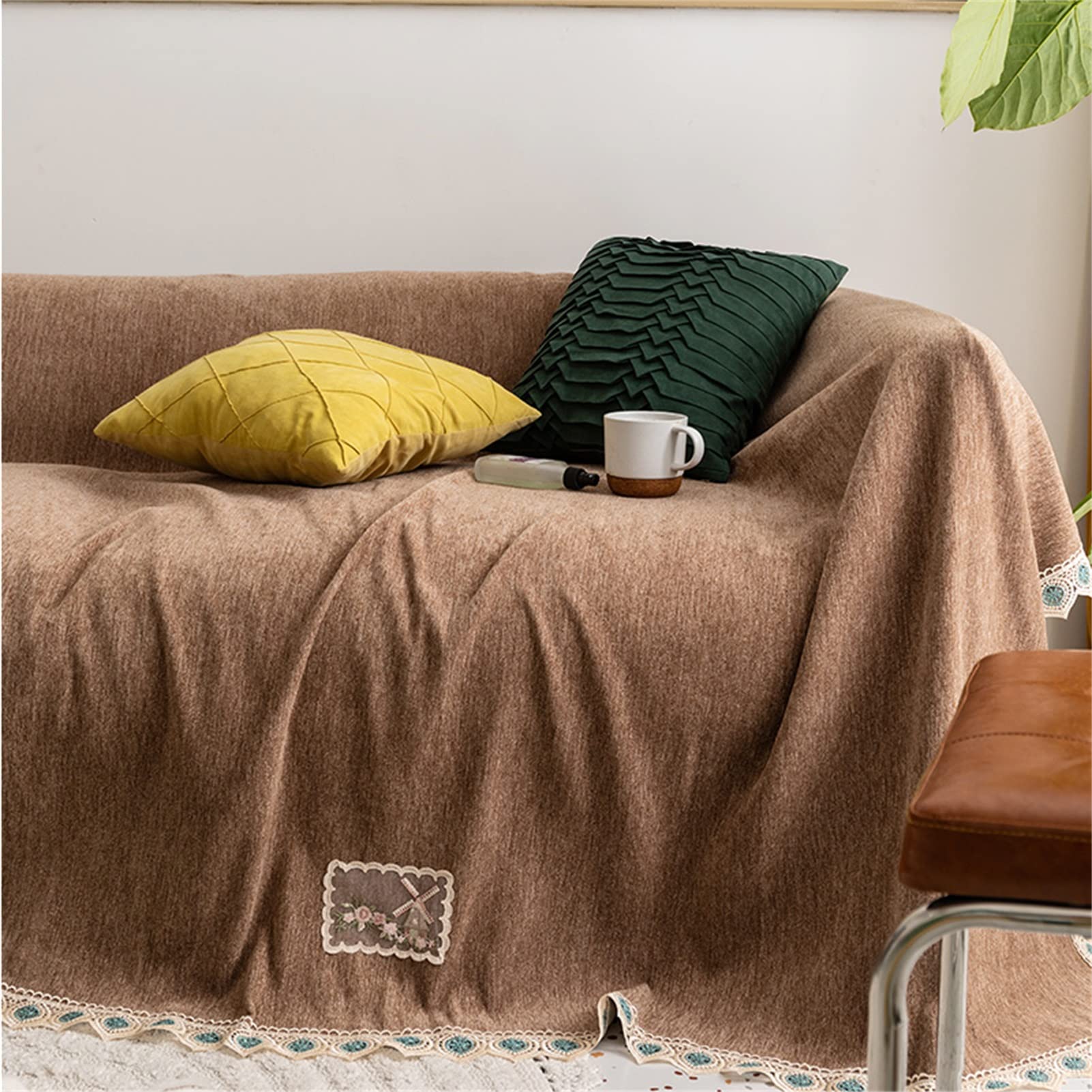 Nordic Simple Chenille Sofa Towel Cover - Non-Slip Customizable Couch Cushion Protector 180x180cm (71x71 inches) Brown - Perfect for Living Room, Bedroom & Home Decor