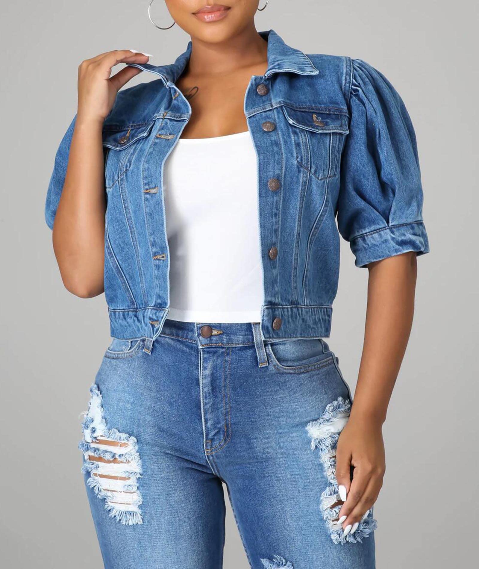 SOMTHRON Women's Cropped Denim Jacket - Short Sleeve Puff Sleeve Button Down Jean Coat - Stylish Crop Top Outerwear for Spring & Summer Fashion - Perfect for Casual Outings, Music Festivals and Streetwear Looks