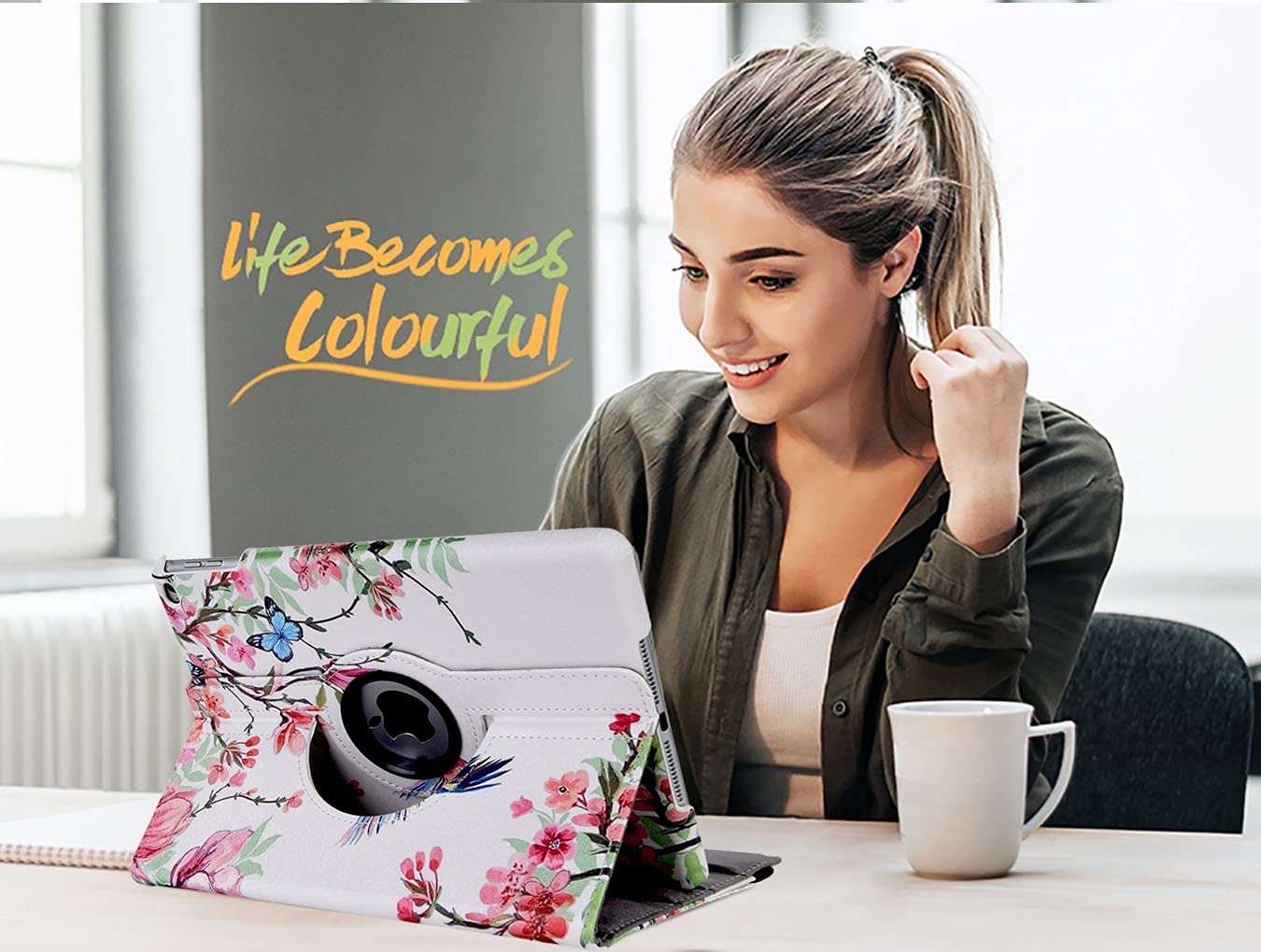 360° Rotating Protective Case for iPad 9.7 Inch (6th/5th Gen) & iPad Air 2 - Auto Sleep/Wake Cover with Stand | Flower Hummingbird Design | Perfect for Work, Study & Travel